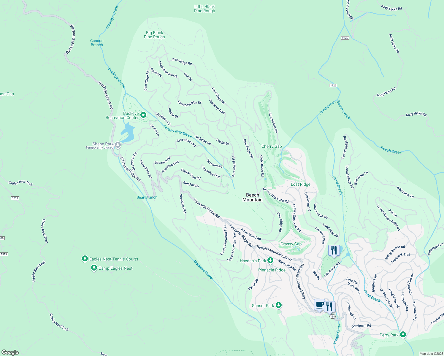map of restaurants, bars, coffee shops, grocery stores, and more near Grassy Gap Creek Trail in Beech Mountain