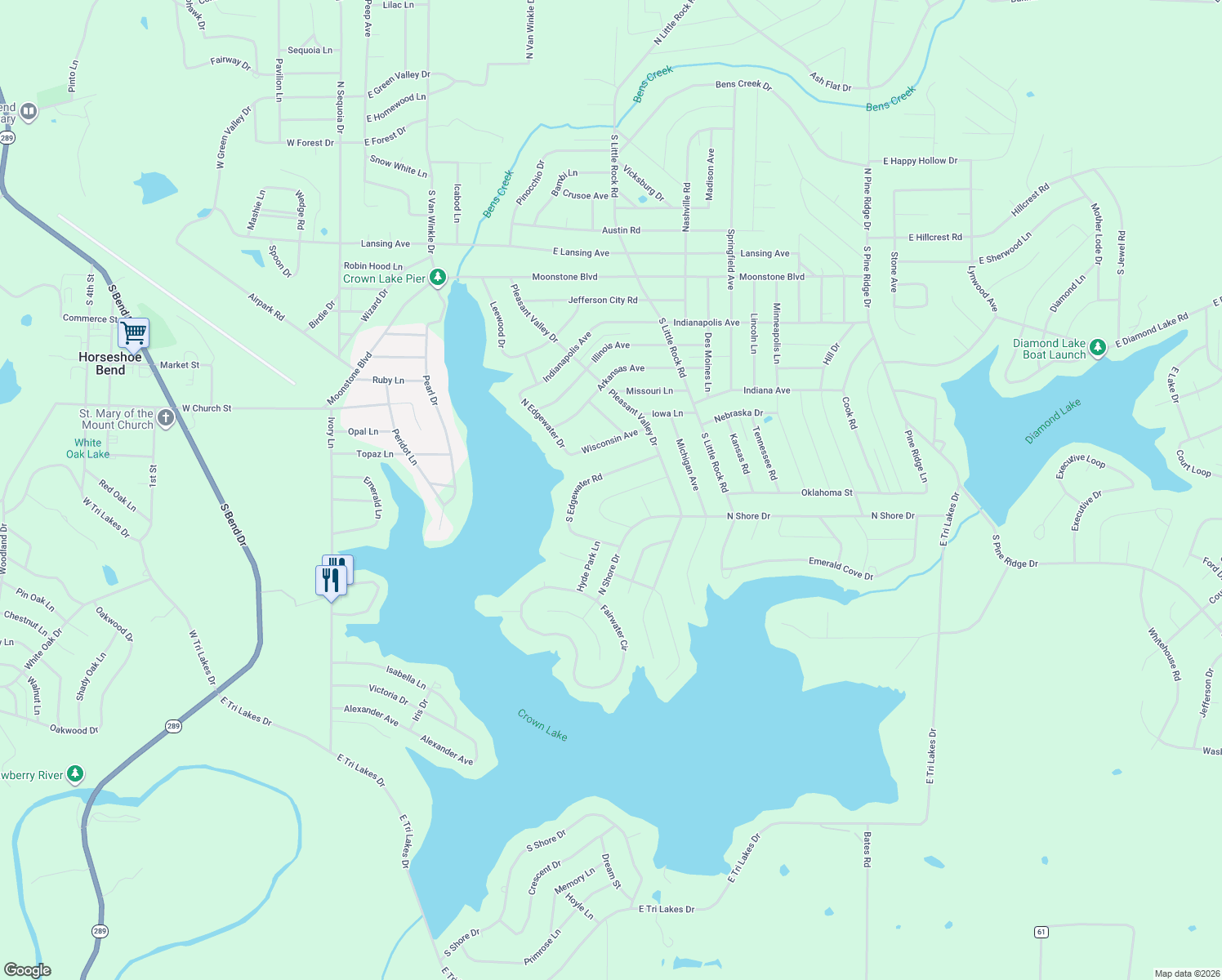 map of restaurants, bars, coffee shops, grocery stores, and more near 1103 Texas Drive in Horseshoe Bend