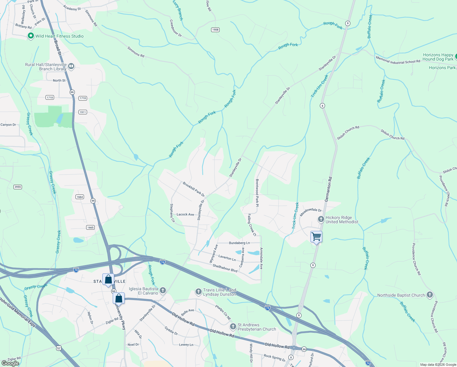 map of restaurants, bars, coffee shops, grocery stores, and more near 6065 Wade Court in Rural Hall
