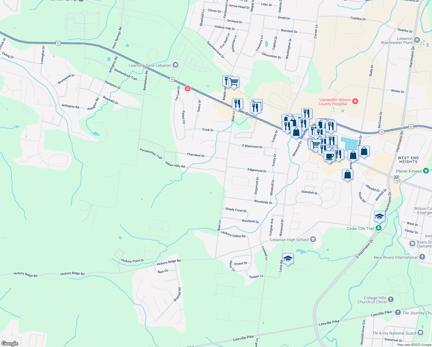 map of restaurants, bars, coffee shops, grocery stores, and more near 1704 Indian Hills Road in Lebanon