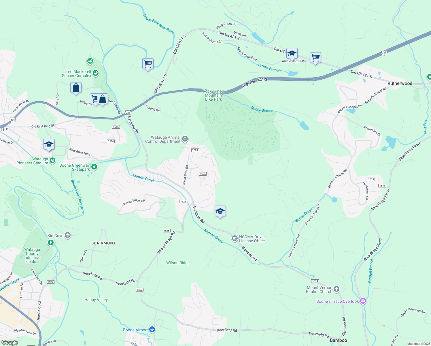 map of restaurants, bars, coffee shops, grocery stores, and more near 860 Green Briar Road in Boone