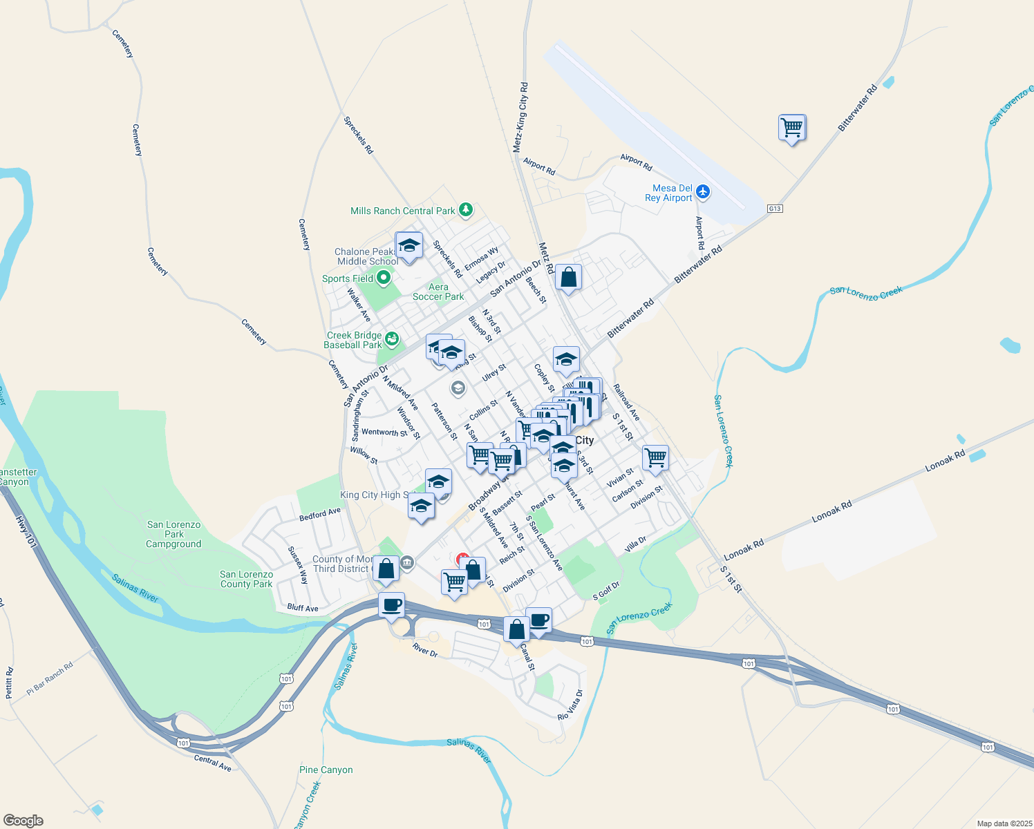 map of restaurants, bars, coffee shops, grocery stores, and more near 404 Ellis Street in King City