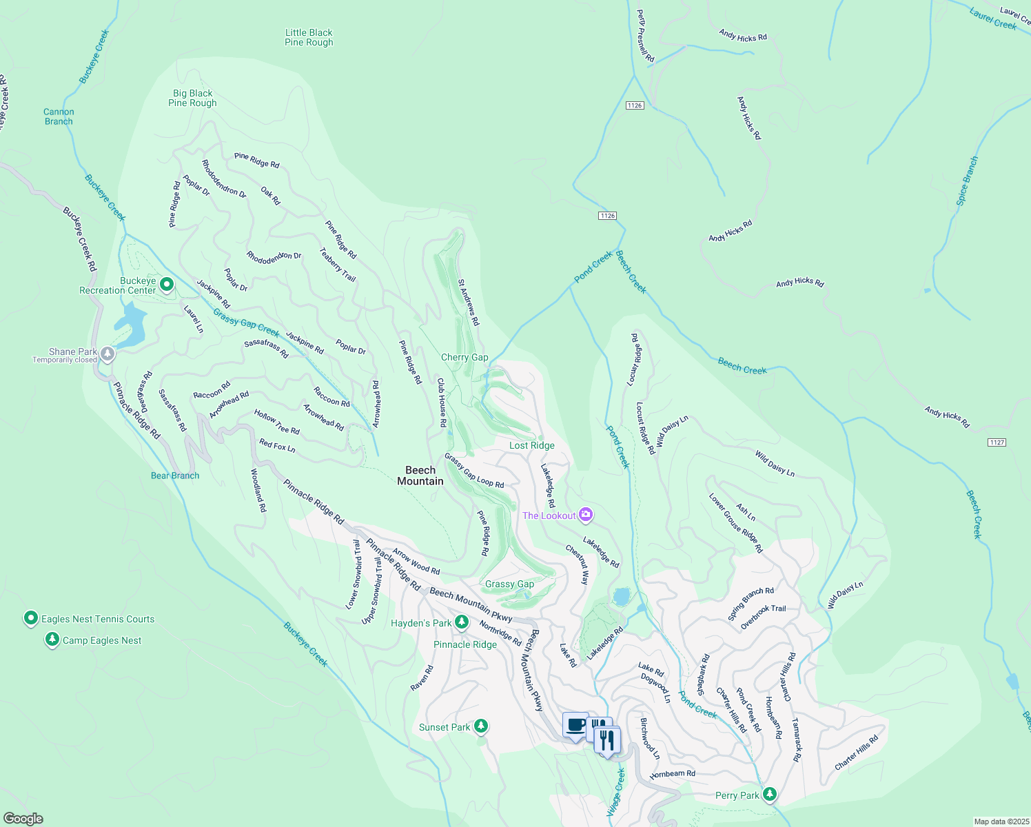 map of restaurants, bars, coffee shops, grocery stores, and more near 105 Golfview Drive in Beech Mountain