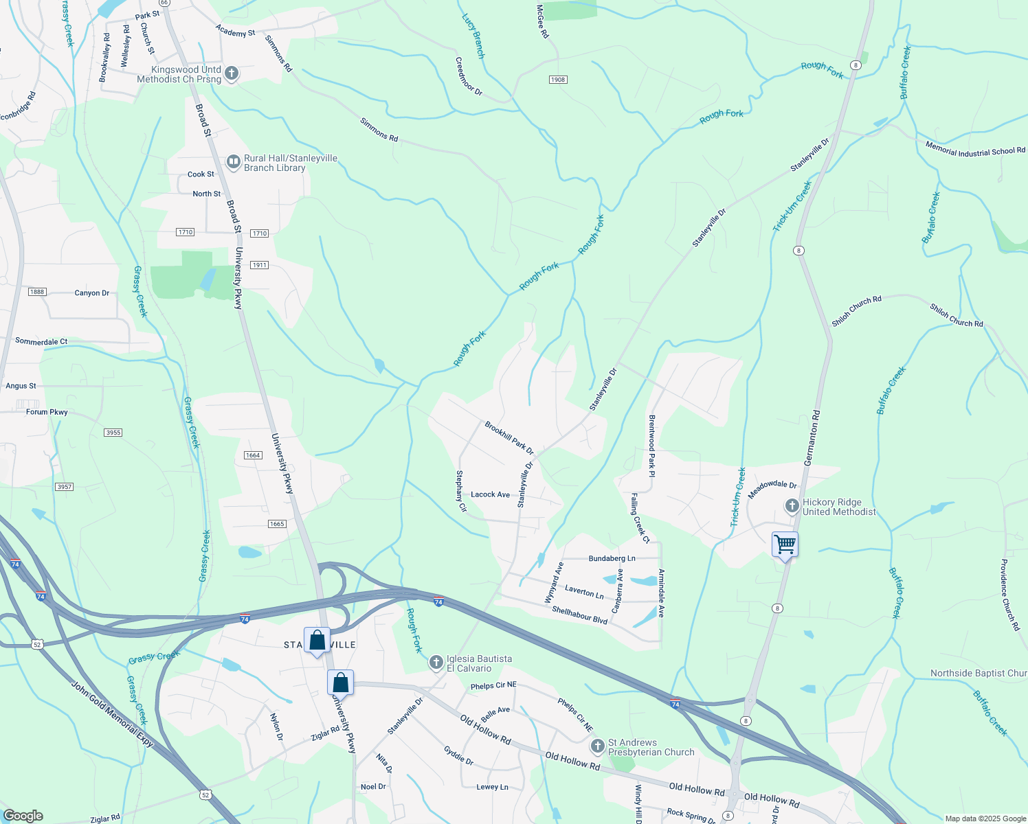 map of restaurants, bars, coffee shops, grocery stores, and more near 121 Brookhill Park Court in Rural Hall