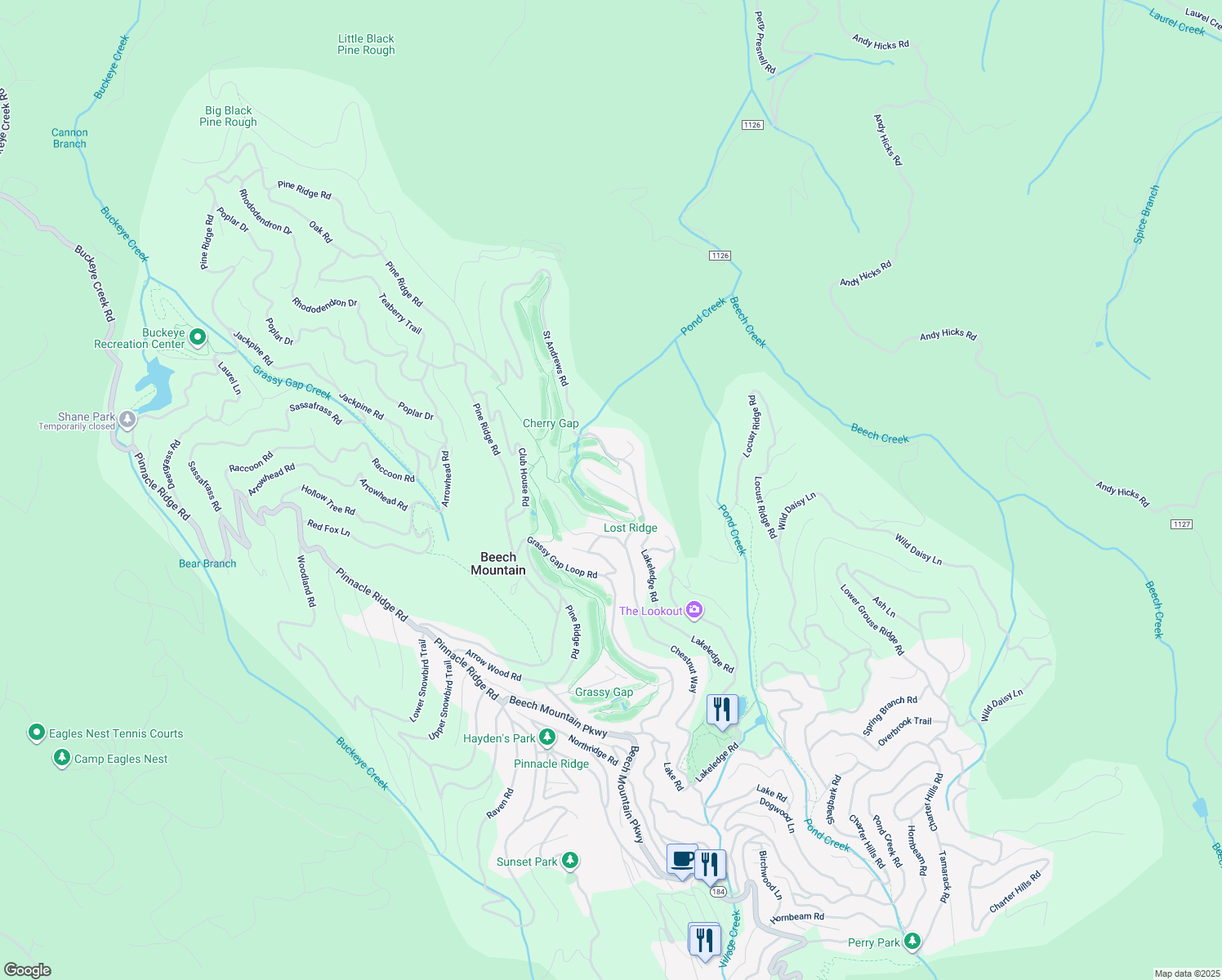 map of restaurants, bars, coffee shops, grocery stores, and more near 105 Golfview Drive in Beech Mountain