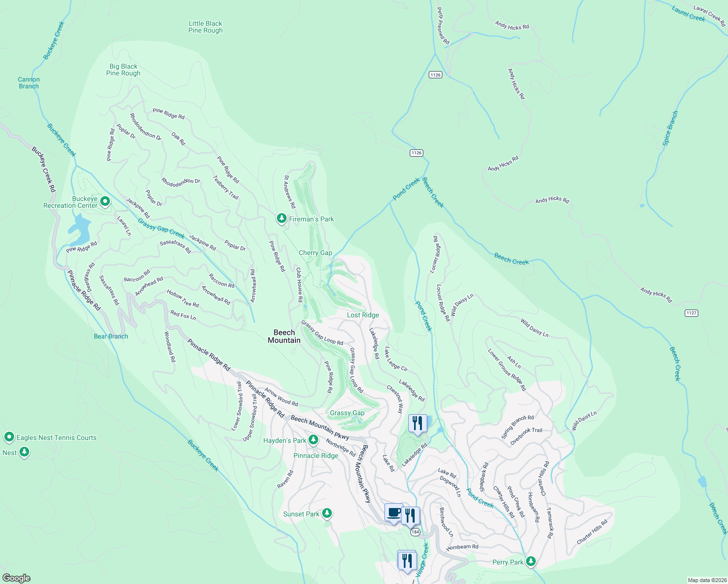 map of restaurants, bars, coffee shops, grocery stores, and more near 313 Saint Andrews Road in Beech Mountain