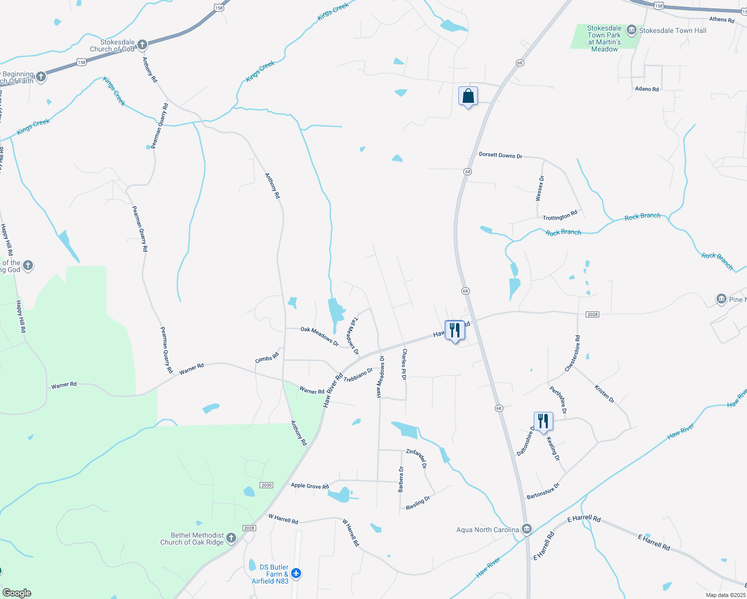map of restaurants, bars, coffee shops, grocery stores, and more near 7702 Haw Meadows Drive in Kernersville