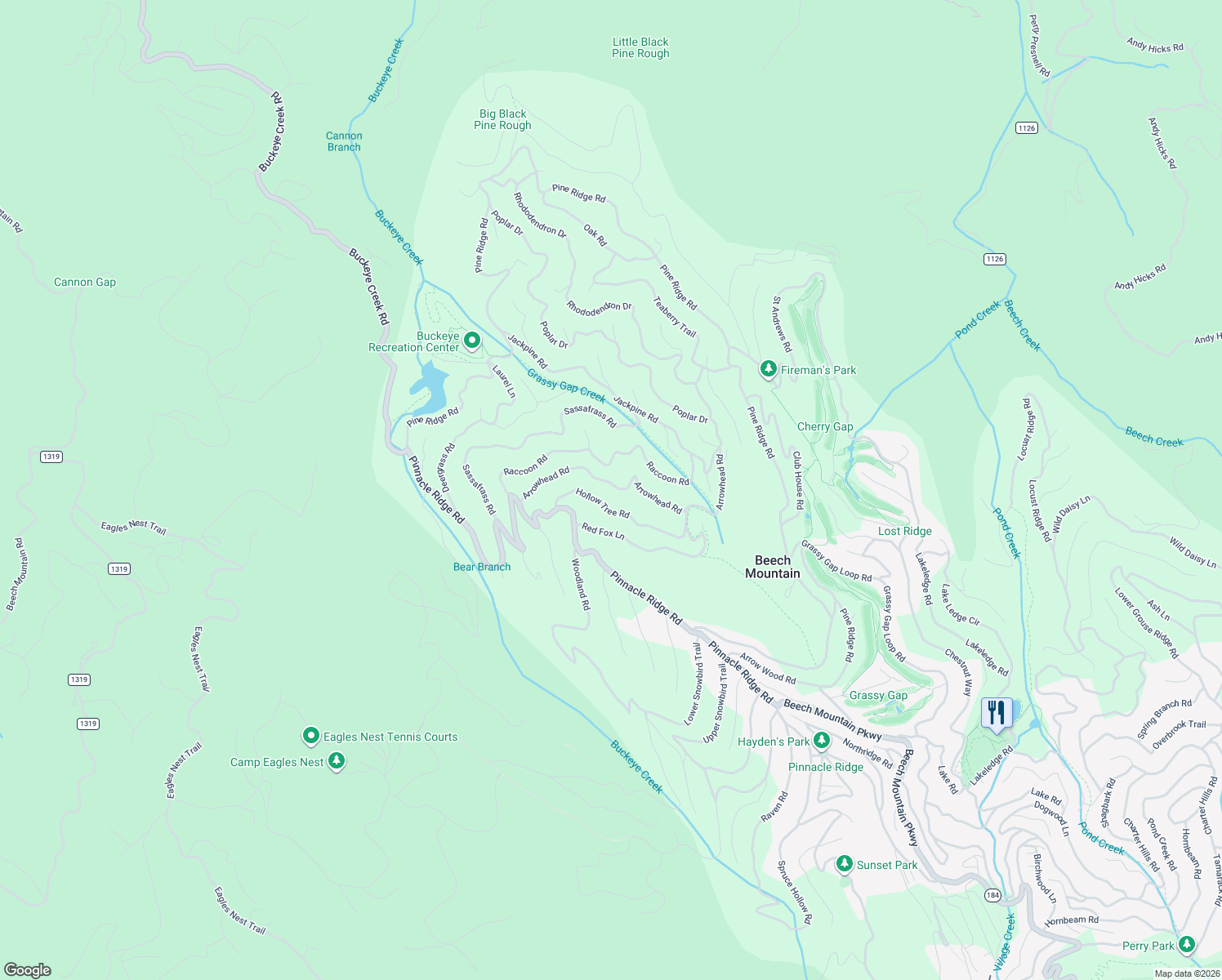 map of restaurants, bars, coffee shops, grocery stores, and more near 129 Arrowhead Road in Beech Mountain