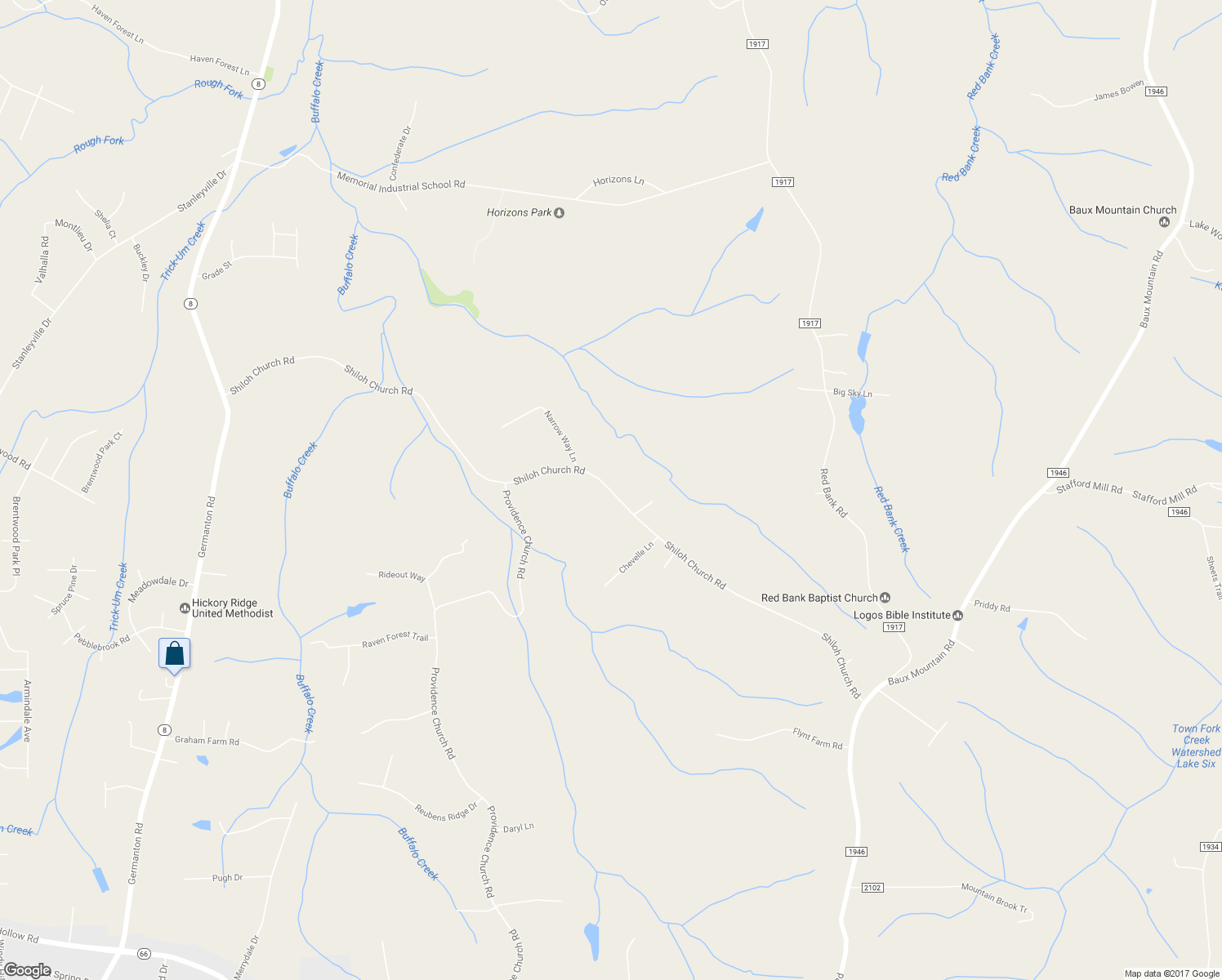 map of restaurants, bars, coffee shops, grocery stores, and more near 2719 Shiloh Church Road in Winston-Salem