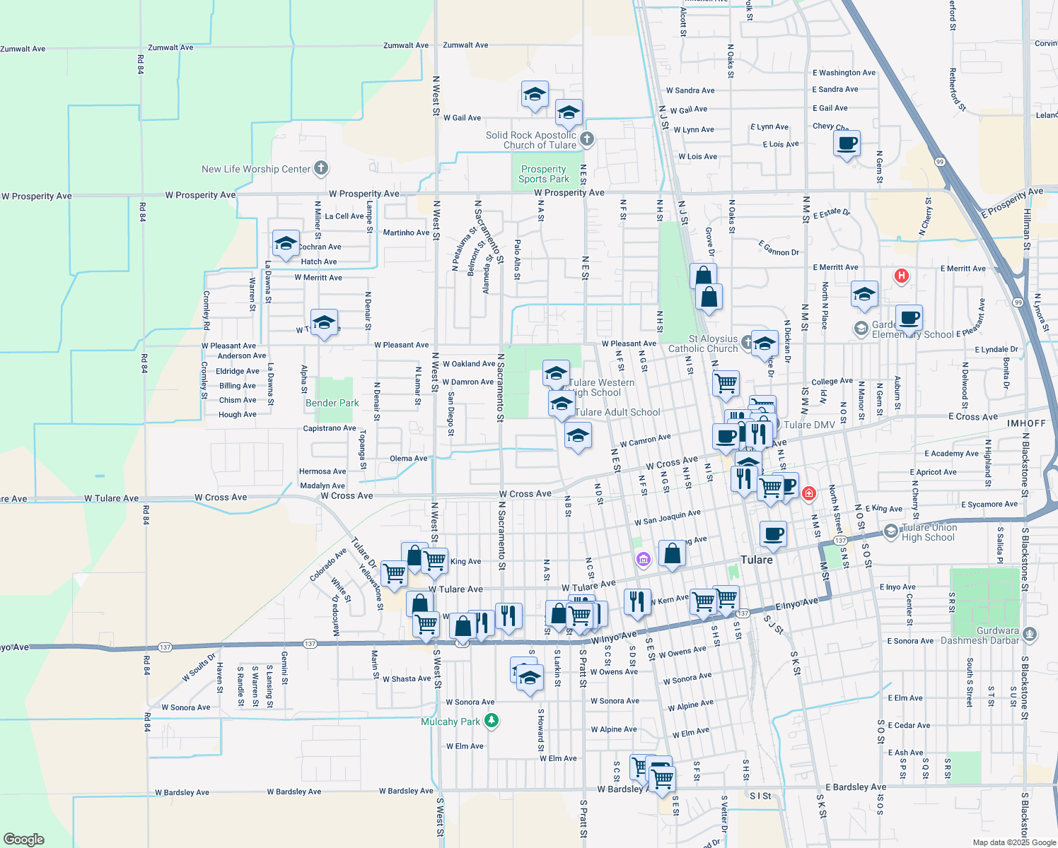 map of restaurants, bars, coffee shops, grocery stores, and more near 917 West Maple Avenue in Tulare