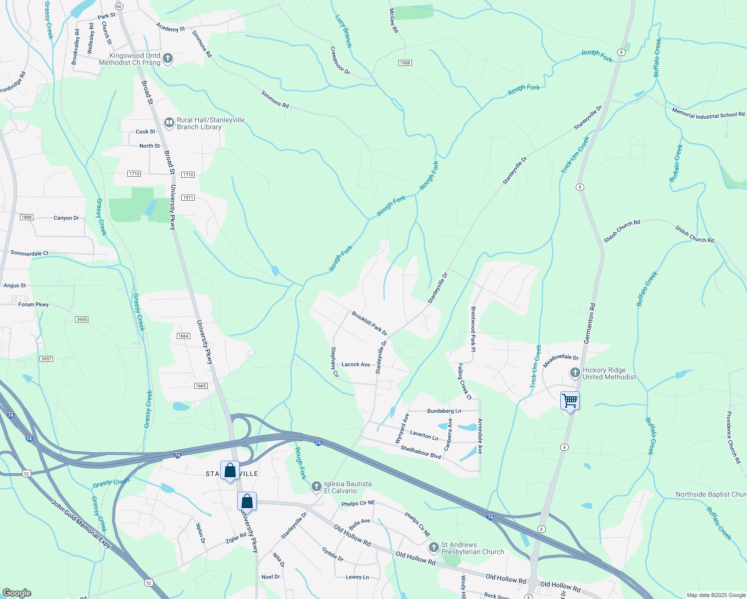 map of restaurants, bars, coffee shops, grocery stores, and more near 121 Brookhill Park Court in Rural Hall