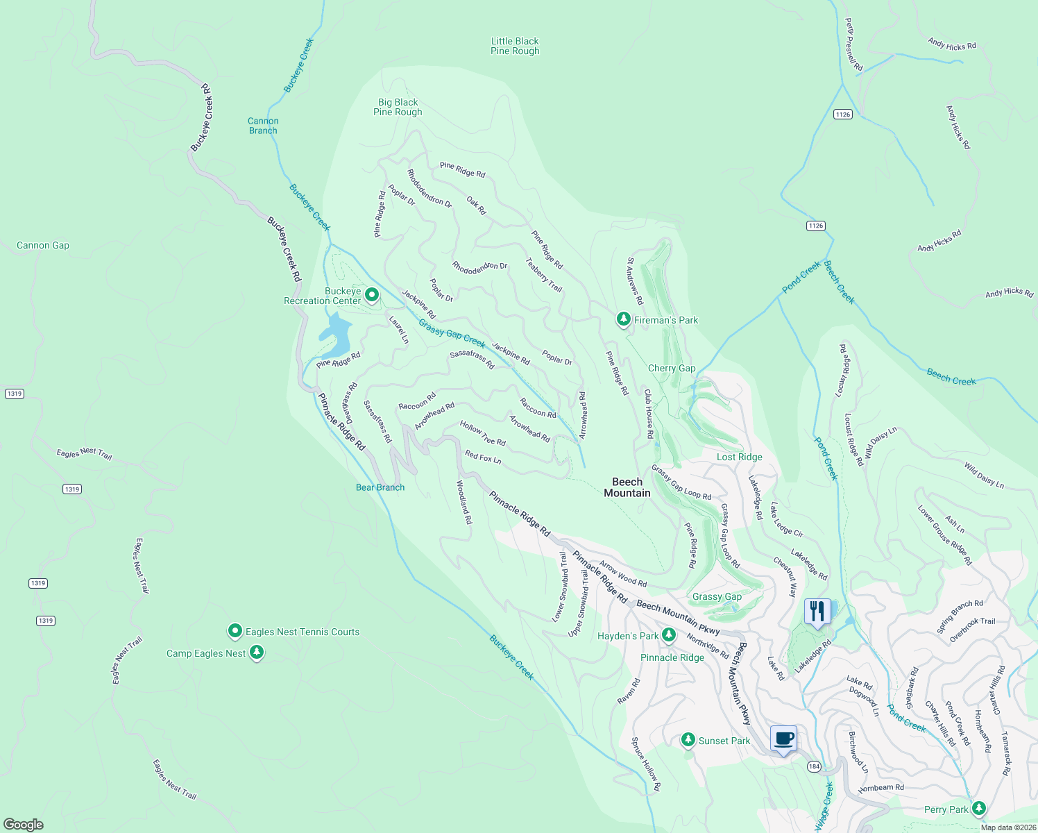 map of restaurants, bars, coffee shops, grocery stores, and more near 139 Arrowhead Road in Beech Mountain