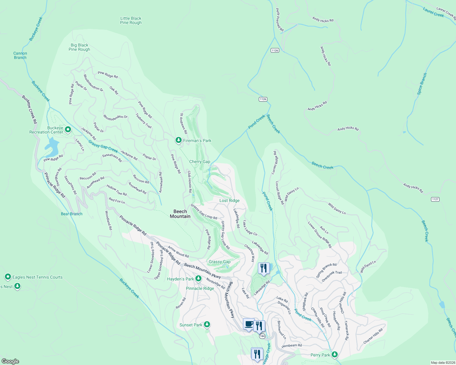 map of restaurants, bars, coffee shops, grocery stores, and more near 313 Saint Andrews Road in Beech Mountain