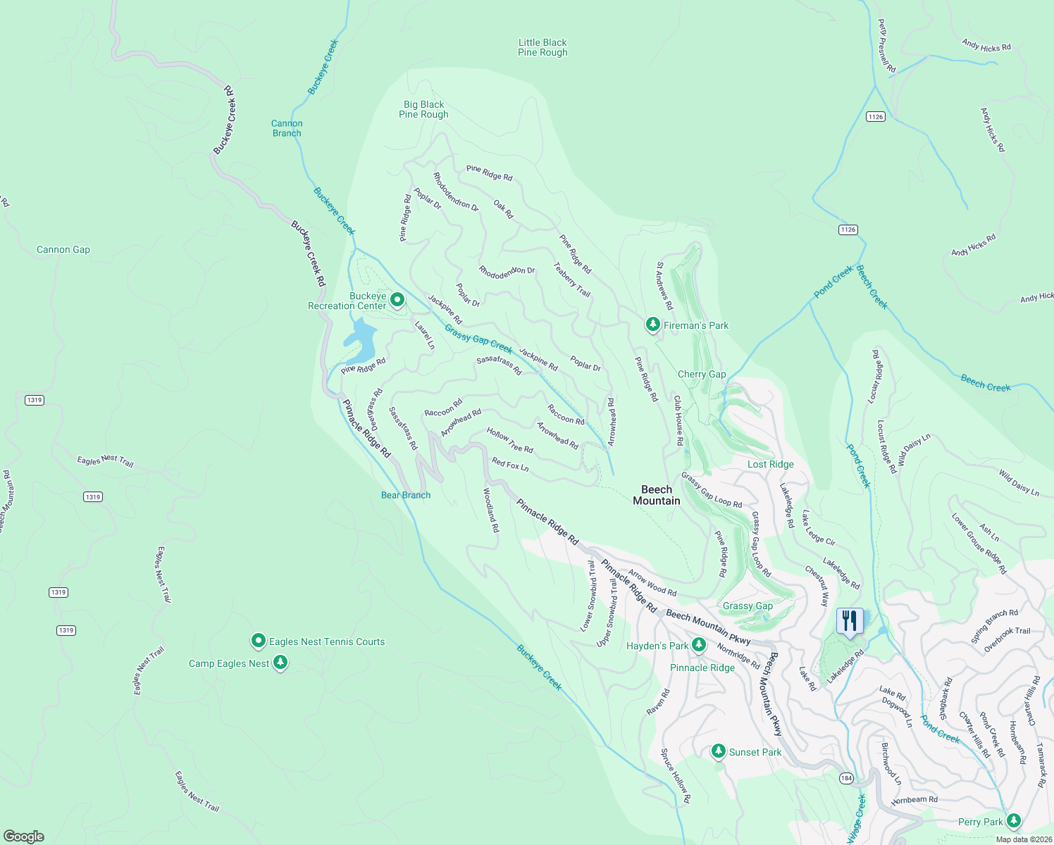 map of restaurants, bars, coffee shops, grocery stores, and more near 129 Arrowhead Road in Beech Mountain