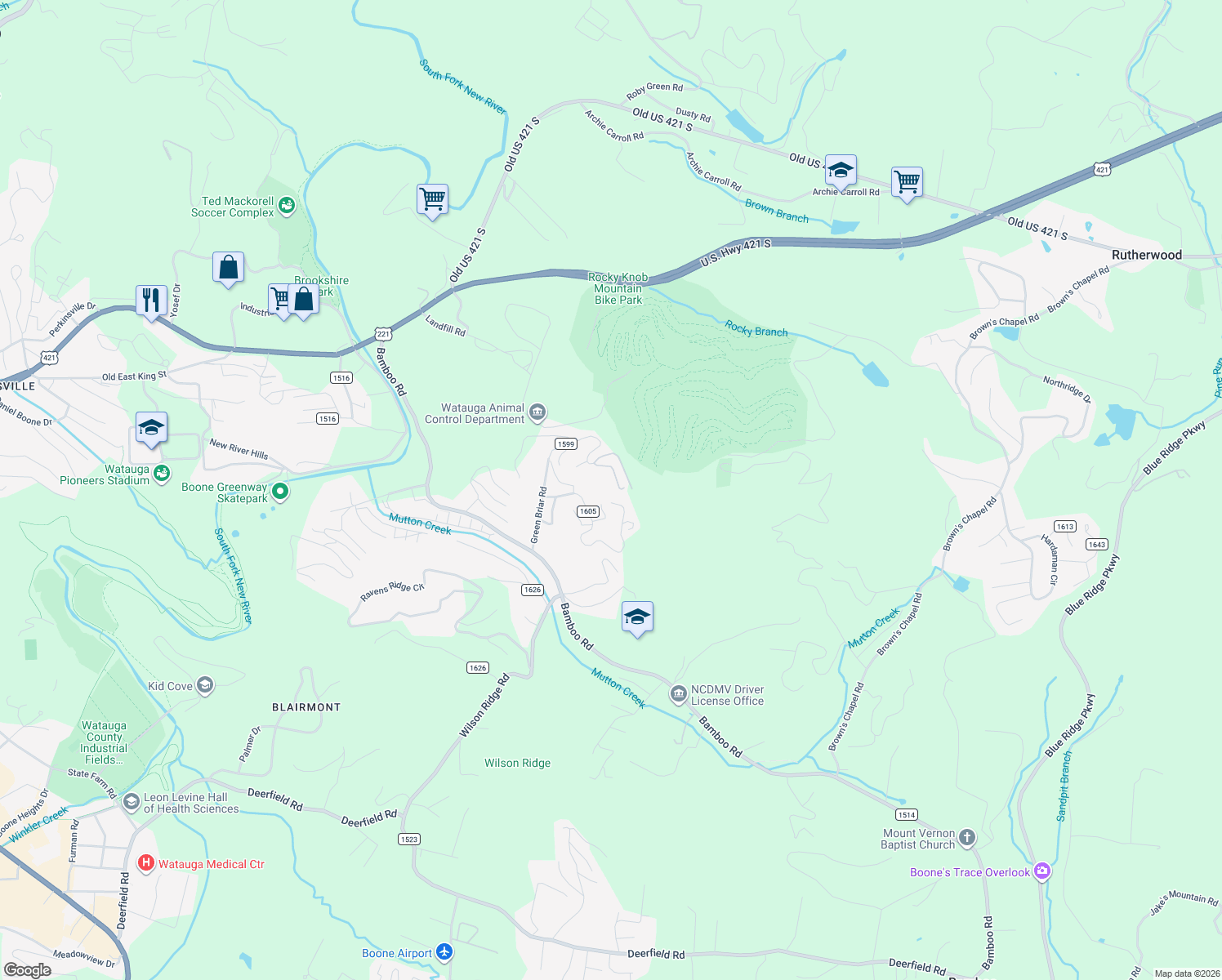 map of restaurants, bars, coffee shops, grocery stores, and more near 216 Cane Road in Boone