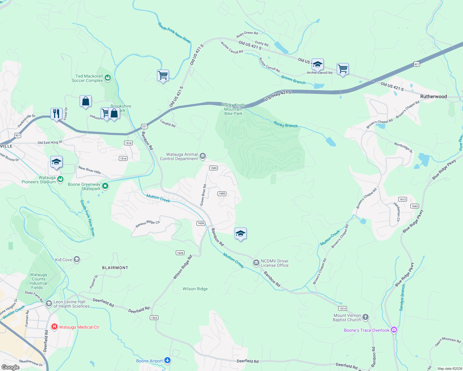 map of restaurants, bars, coffee shops, grocery stores, and more near 216 Cane Road in Boone