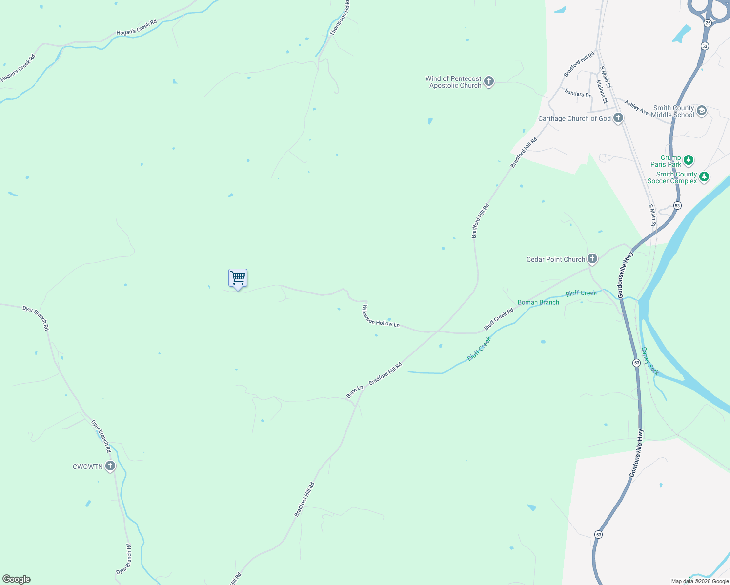 map of restaurants, bars, coffee shops, grocery stores, and more near 46 Wilkerson Hollow Lane in Brush Creek