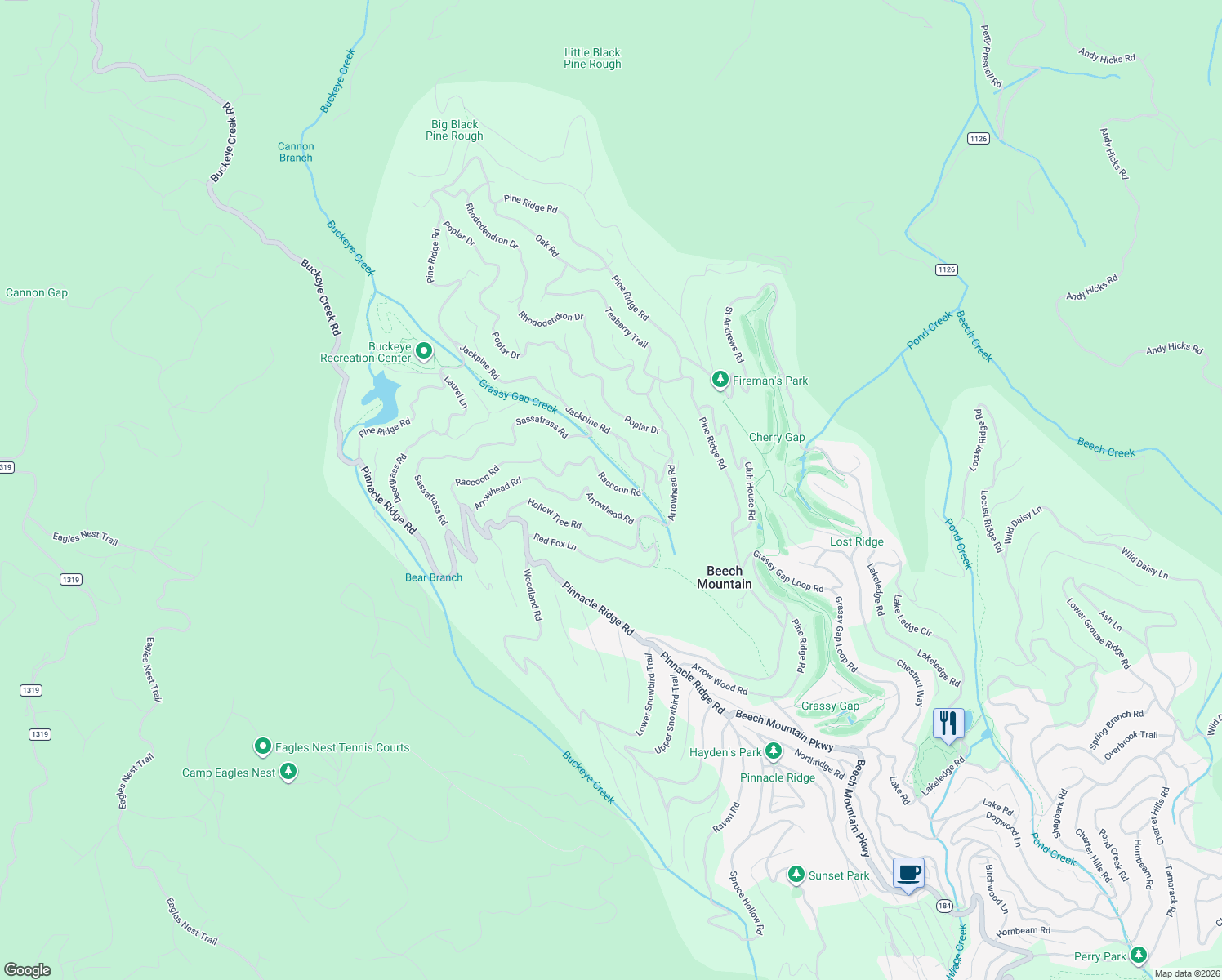 map of restaurants, bars, coffee shops, grocery stores, and more near 139 Arrowhead Road in Beech Mountain