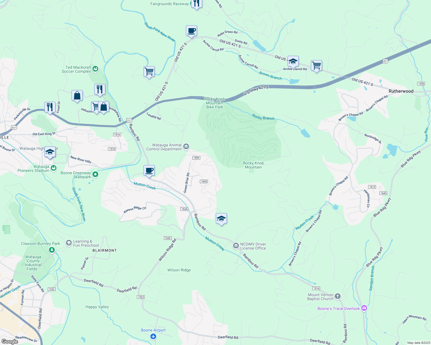 map of restaurants, bars, coffee shops, grocery stores, and more near 221 Cane Road in Boone