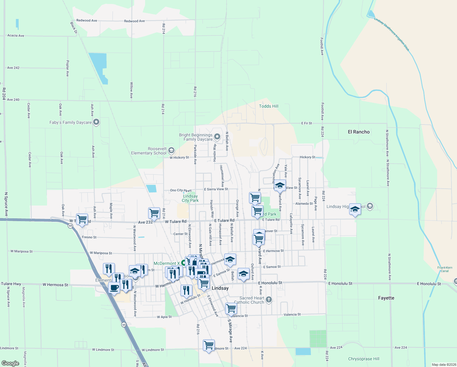 map of restaurants, bars, coffee shops, grocery stores, and more near 528 Mountain View Drive in Lindsay