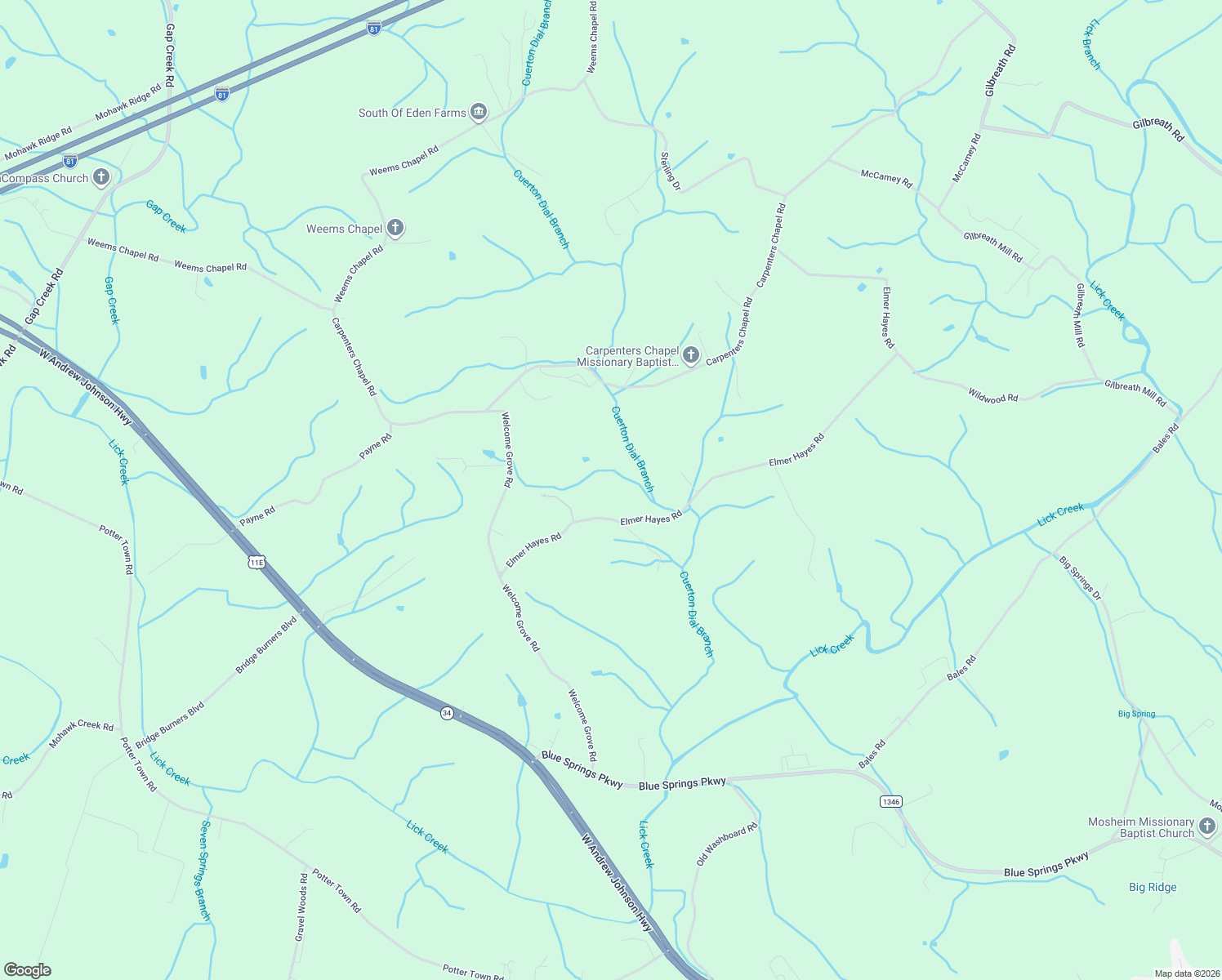 map of restaurants, bars, coffee shops, grocery stores, and more near 425 Elmer Hayes Road in Mosheim