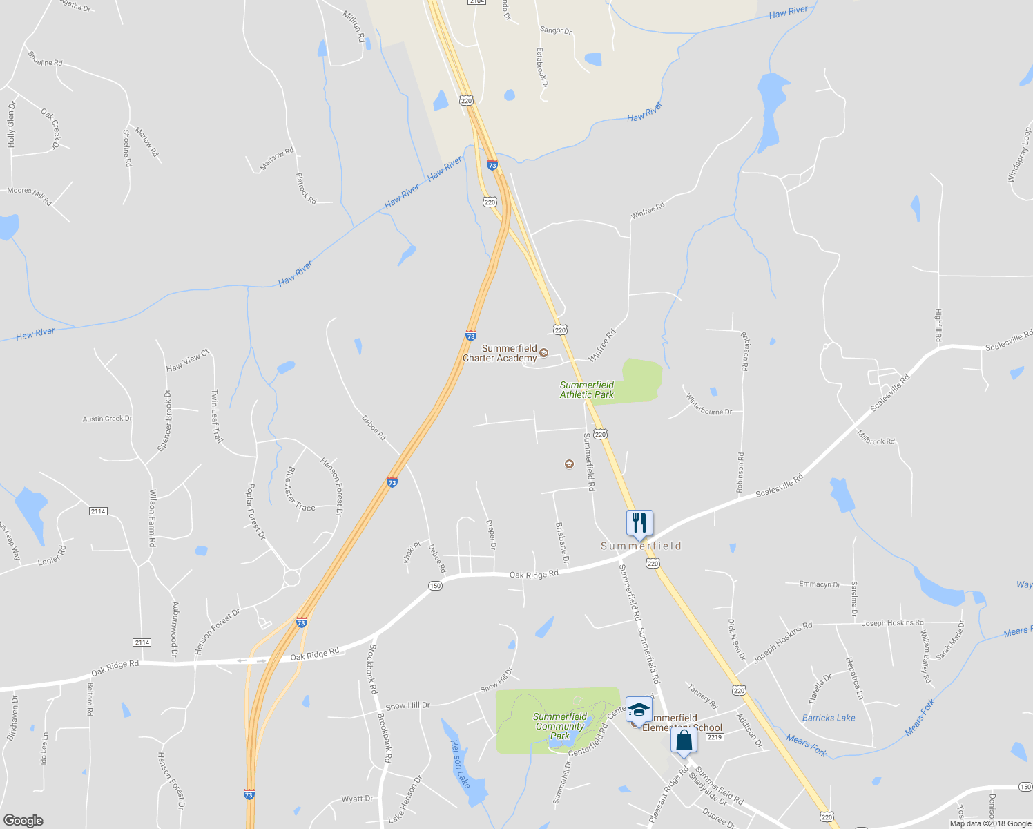 map of restaurants, bars, coffee shops, grocery stores, and more near 5502 Whispering Pines Drive in Summerfield