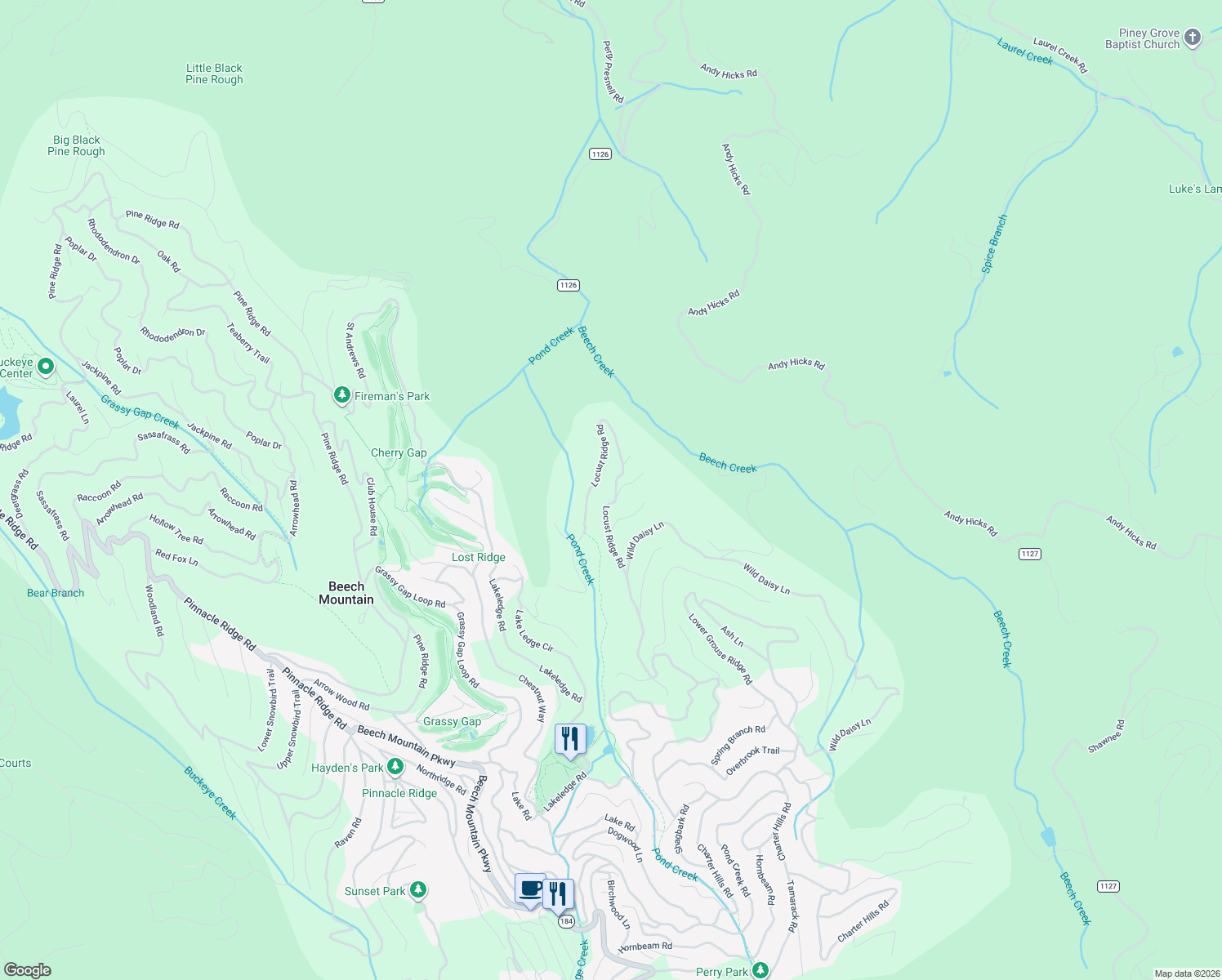 map of restaurants, bars, coffee shops, grocery stores, and more near 101 Fire Weed Lane in Beech Mountain