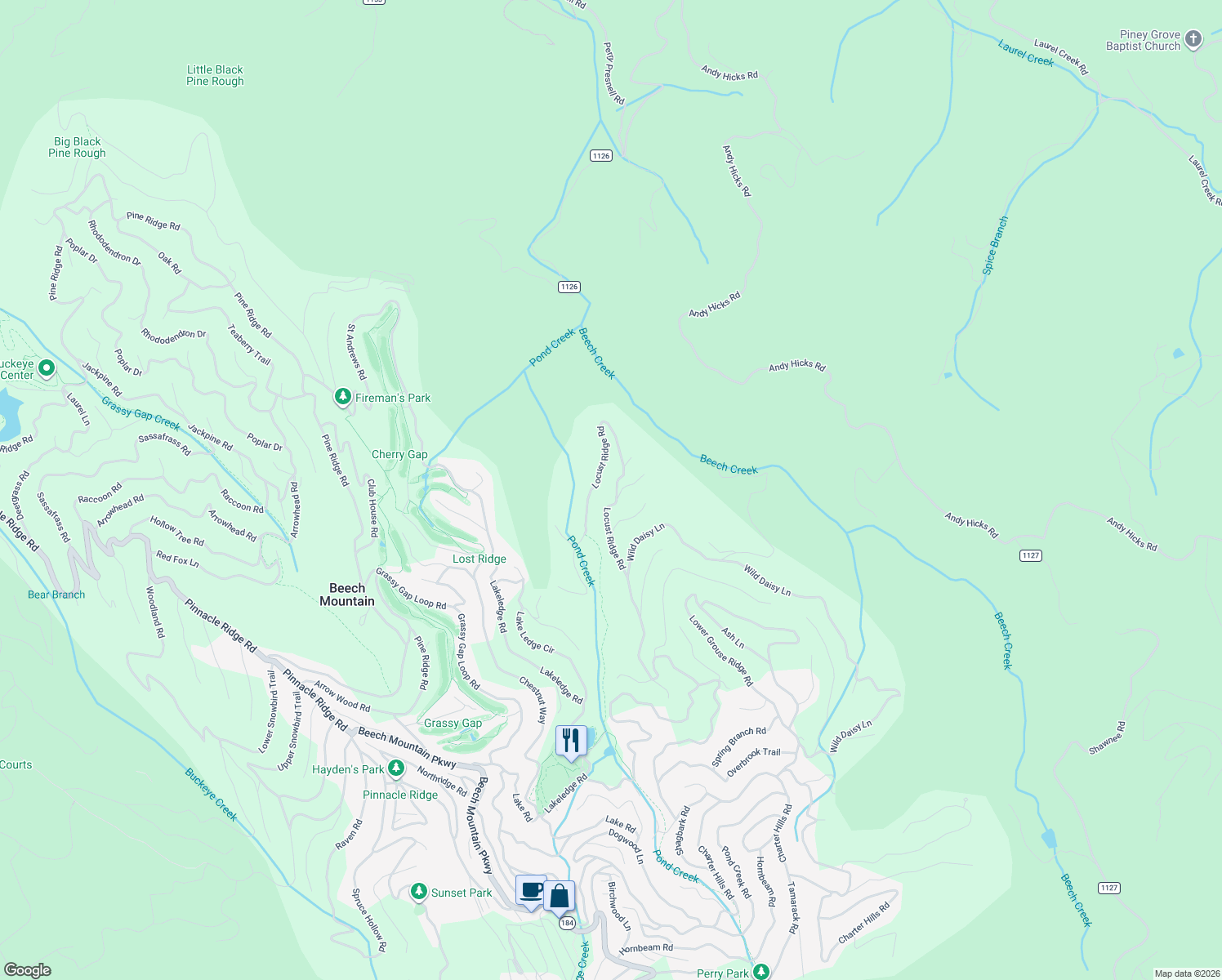 map of restaurants, bars, coffee shops, grocery stores, and more near 101 Fire Weed Lane in Beech Mountain