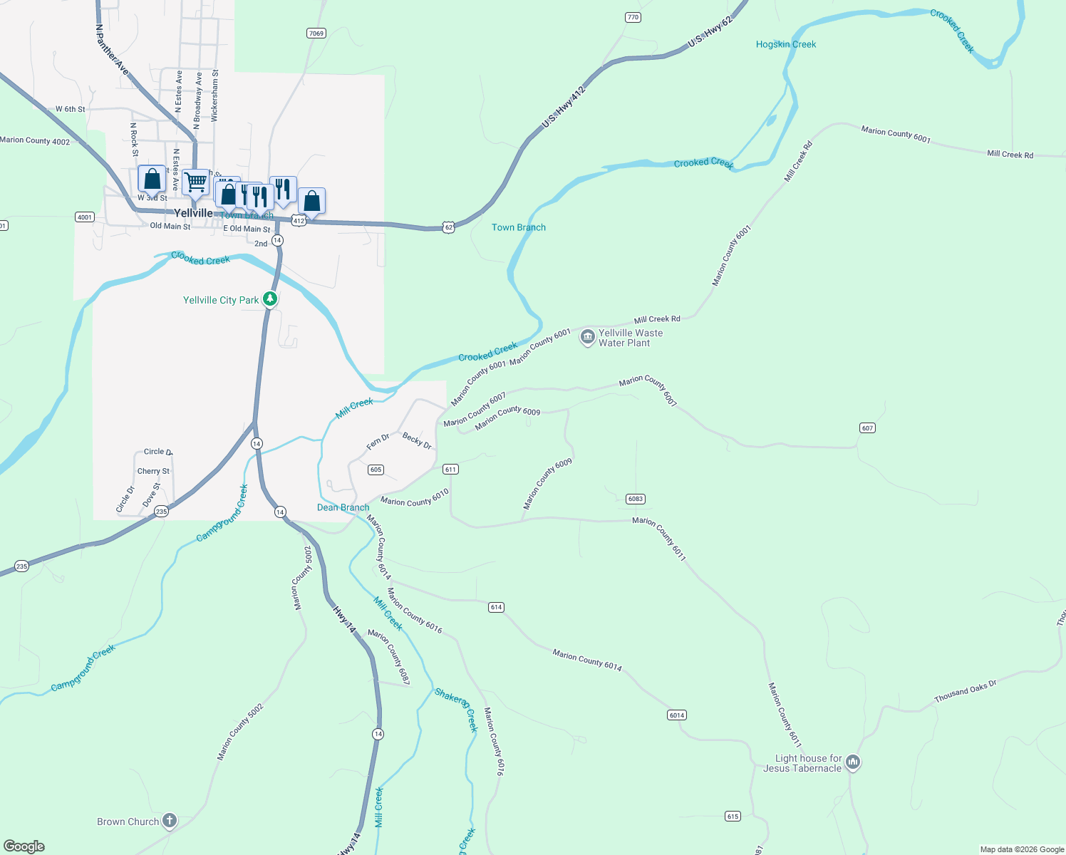 map of restaurants, bars, coffee shops, grocery stores, and more near 343 Marion County 6008 in Yellville