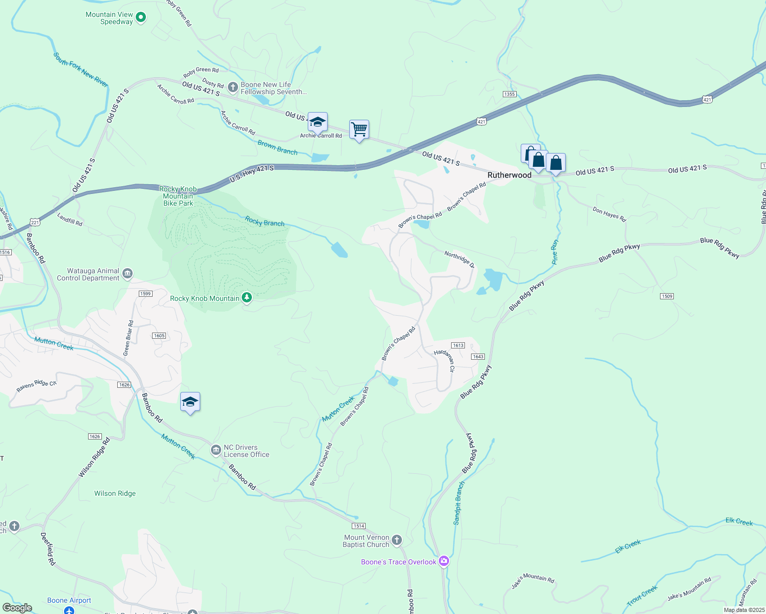 map of restaurants, bars, coffee shops, grocery stores, and more near 288 Brown's Chapel Crest Lane in Boone
