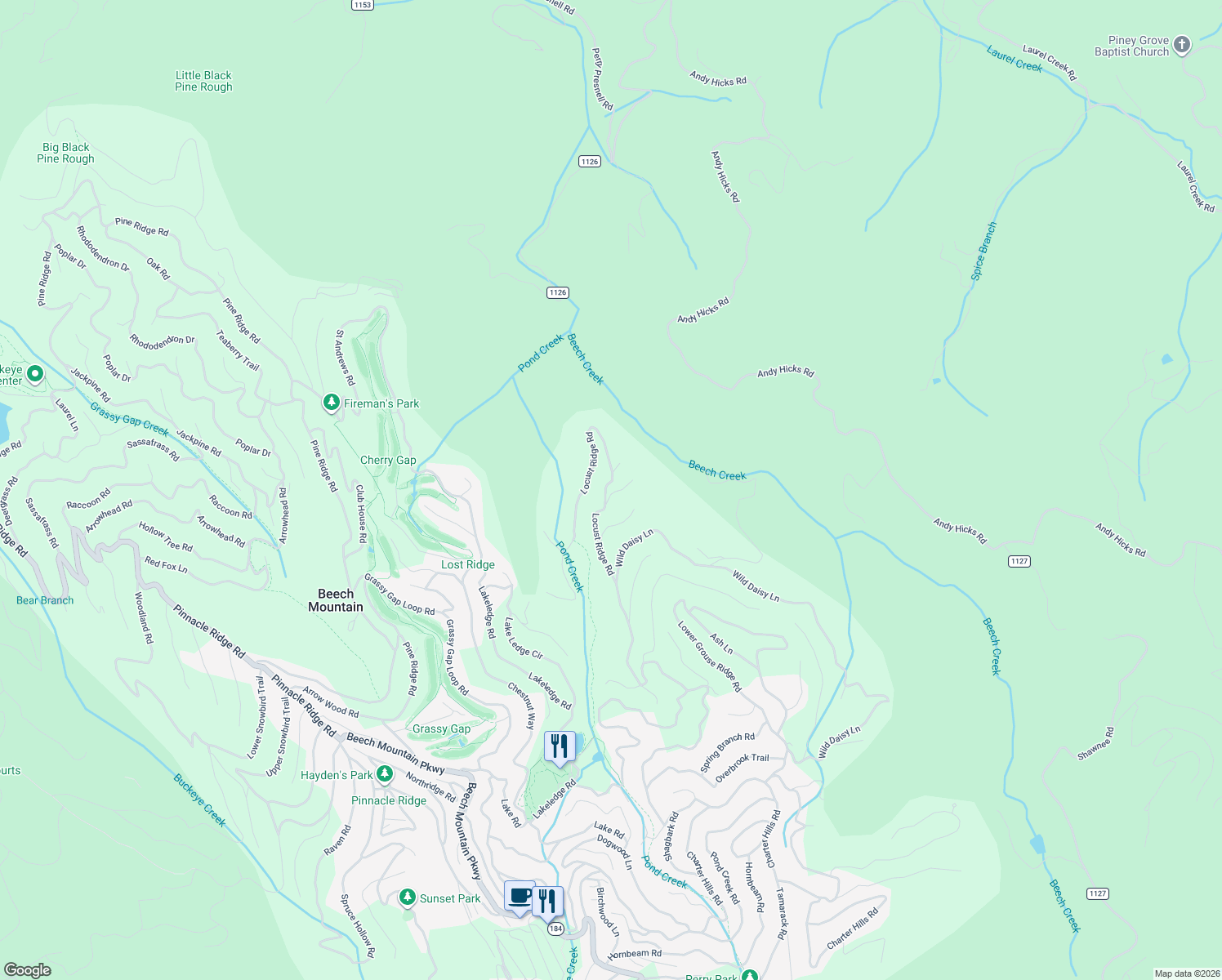 map of restaurants, bars, coffee shops, grocery stores, and more near 101 Fire Weed Lane in Beech Mountain