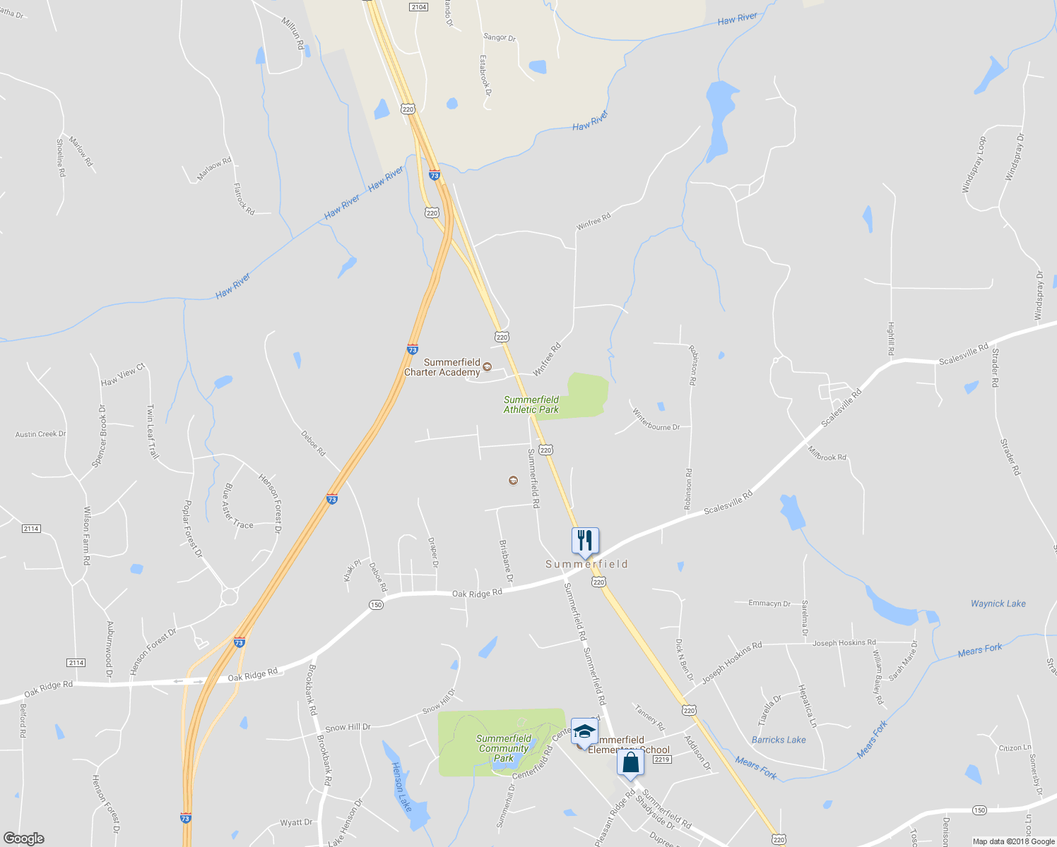 map of restaurants, bars, coffee shops, grocery stores, and more near 8009 Summerfield Road in Summerfield