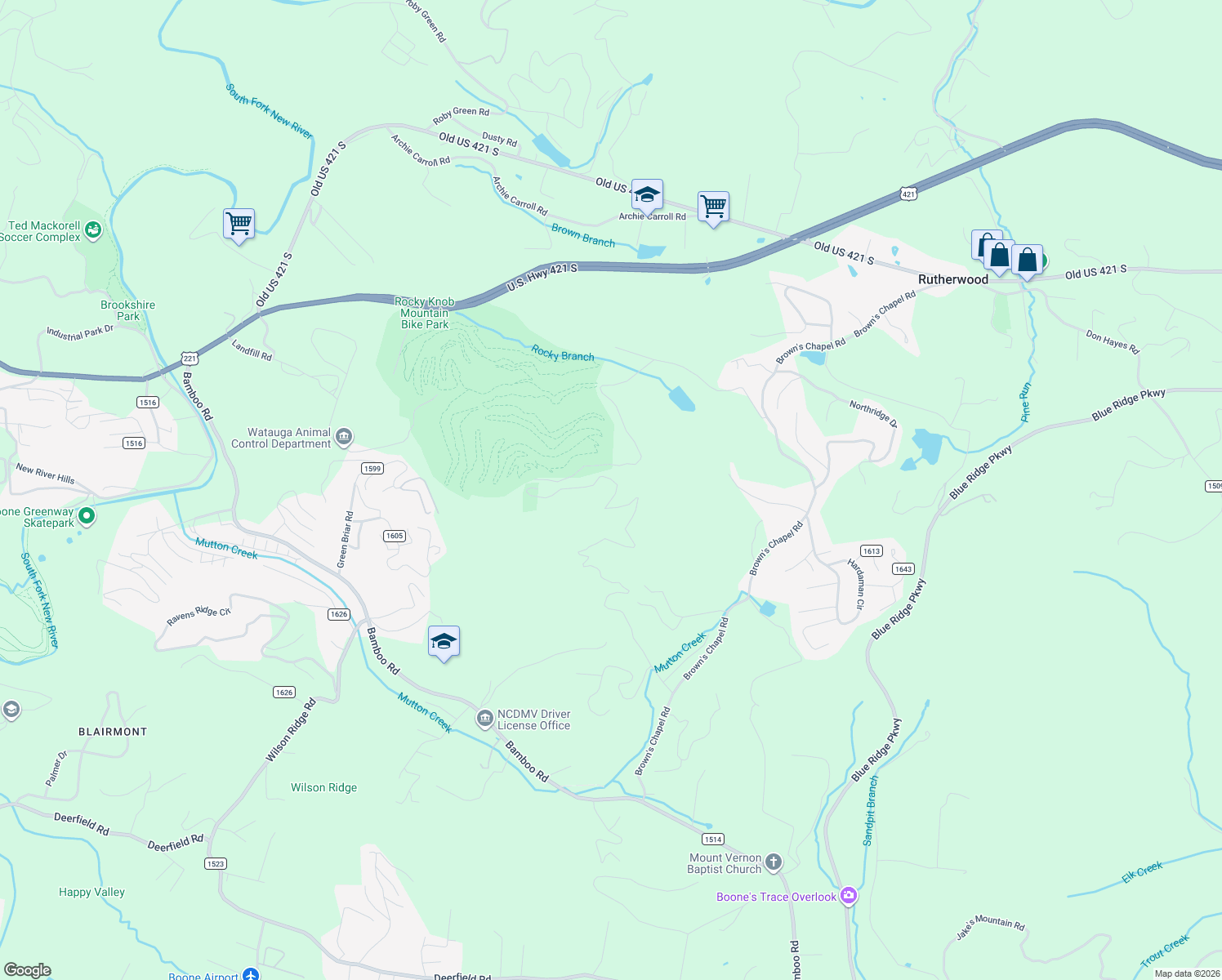 map of restaurants, bars, coffee shops, grocery stores, and more near 1367 Rocky Mountain Road in Boone