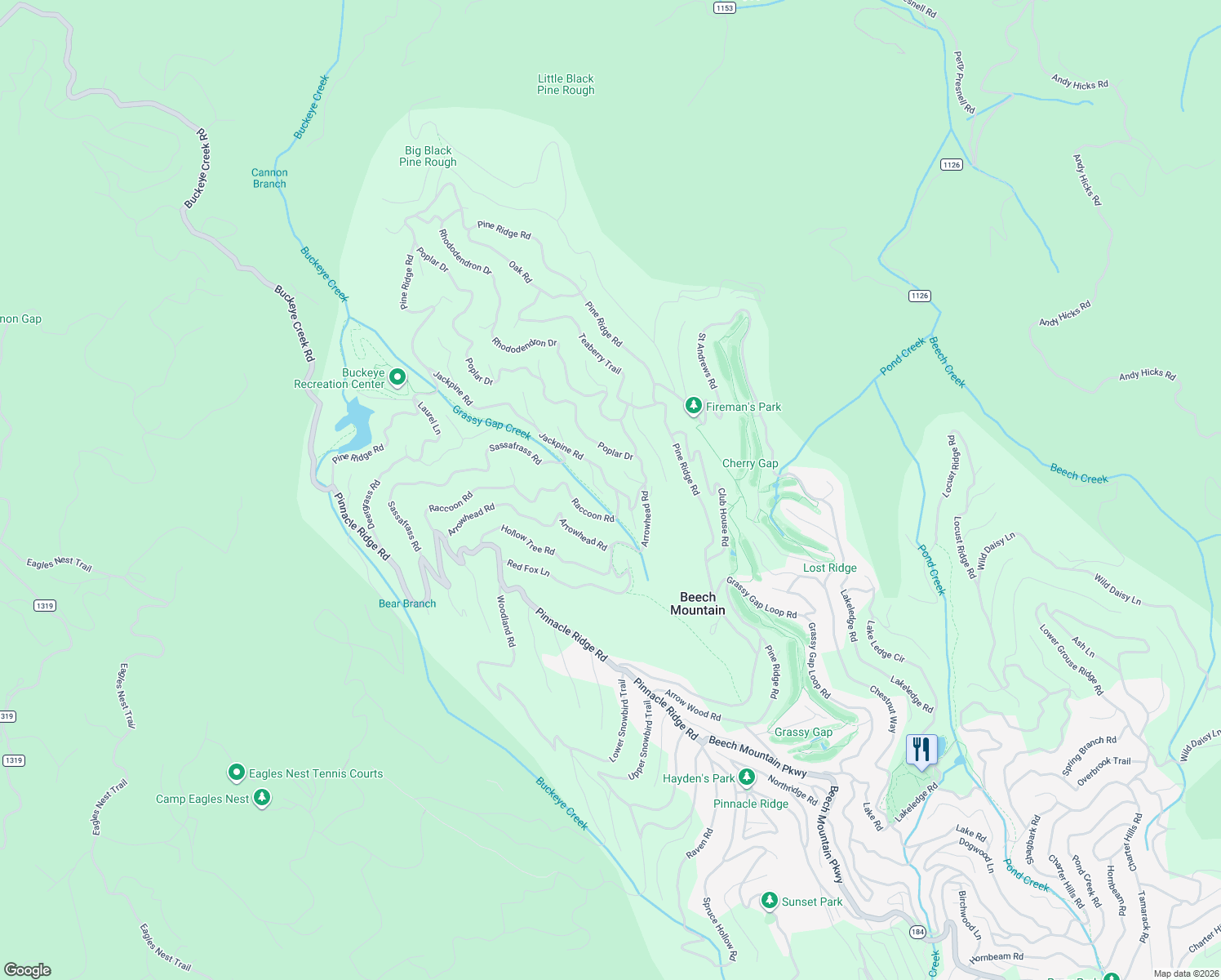 map of restaurants, bars, coffee shops, grocery stores, and more near 203 Jackpine Road in Beech Mountain