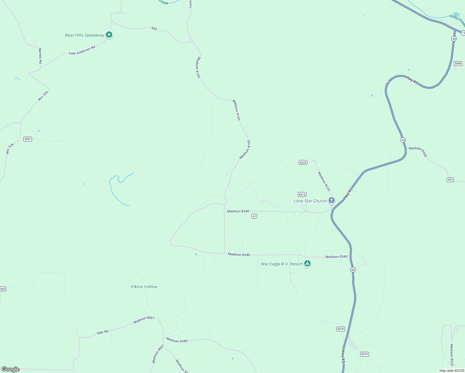 map of restaurants, bars, coffee shops, grocery stores, and more near 272 Madison 8105 in Hindsville