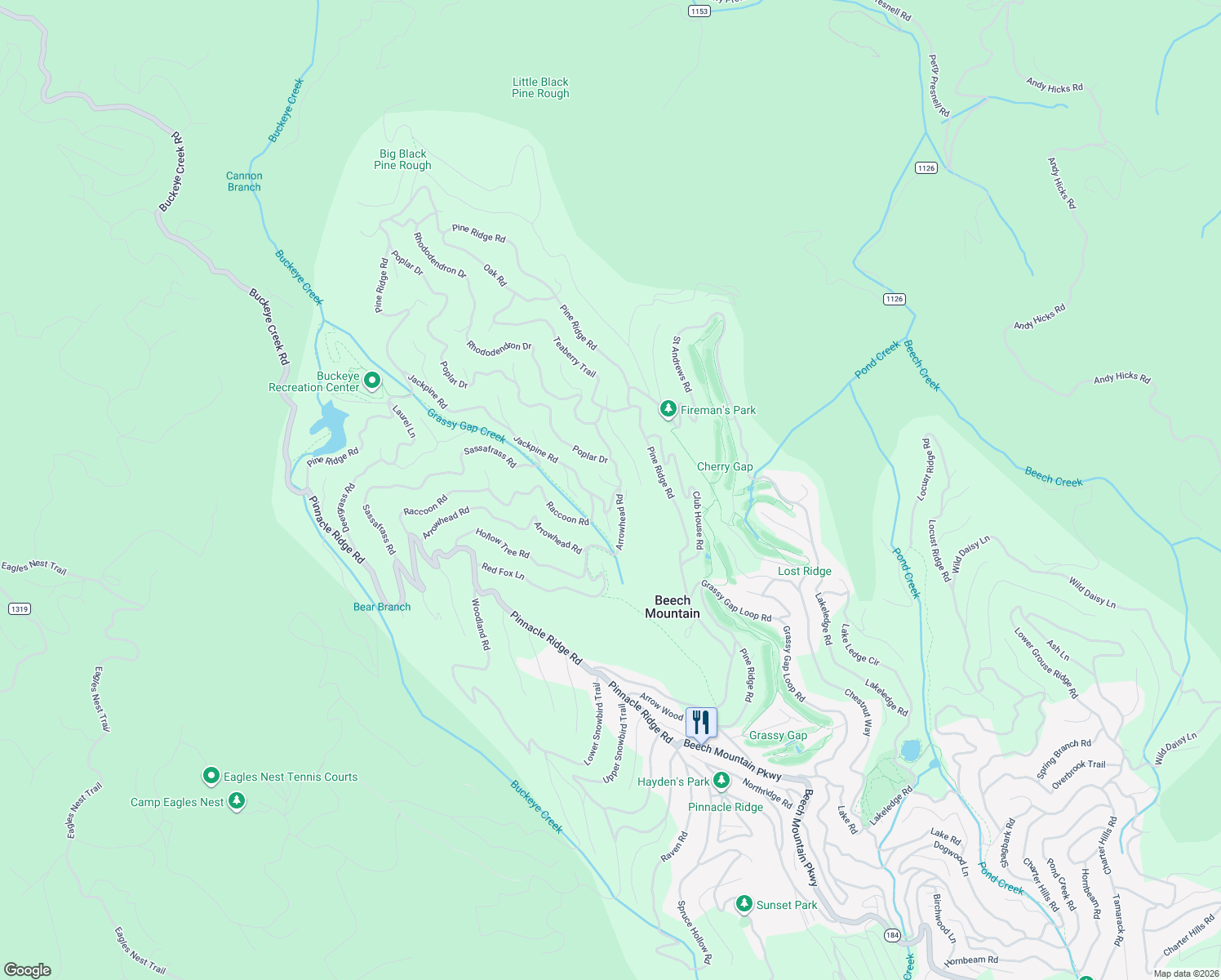 map of restaurants, bars, coffee shops, grocery stores, and more near 103 Spicewood Lane in Beech Mountain