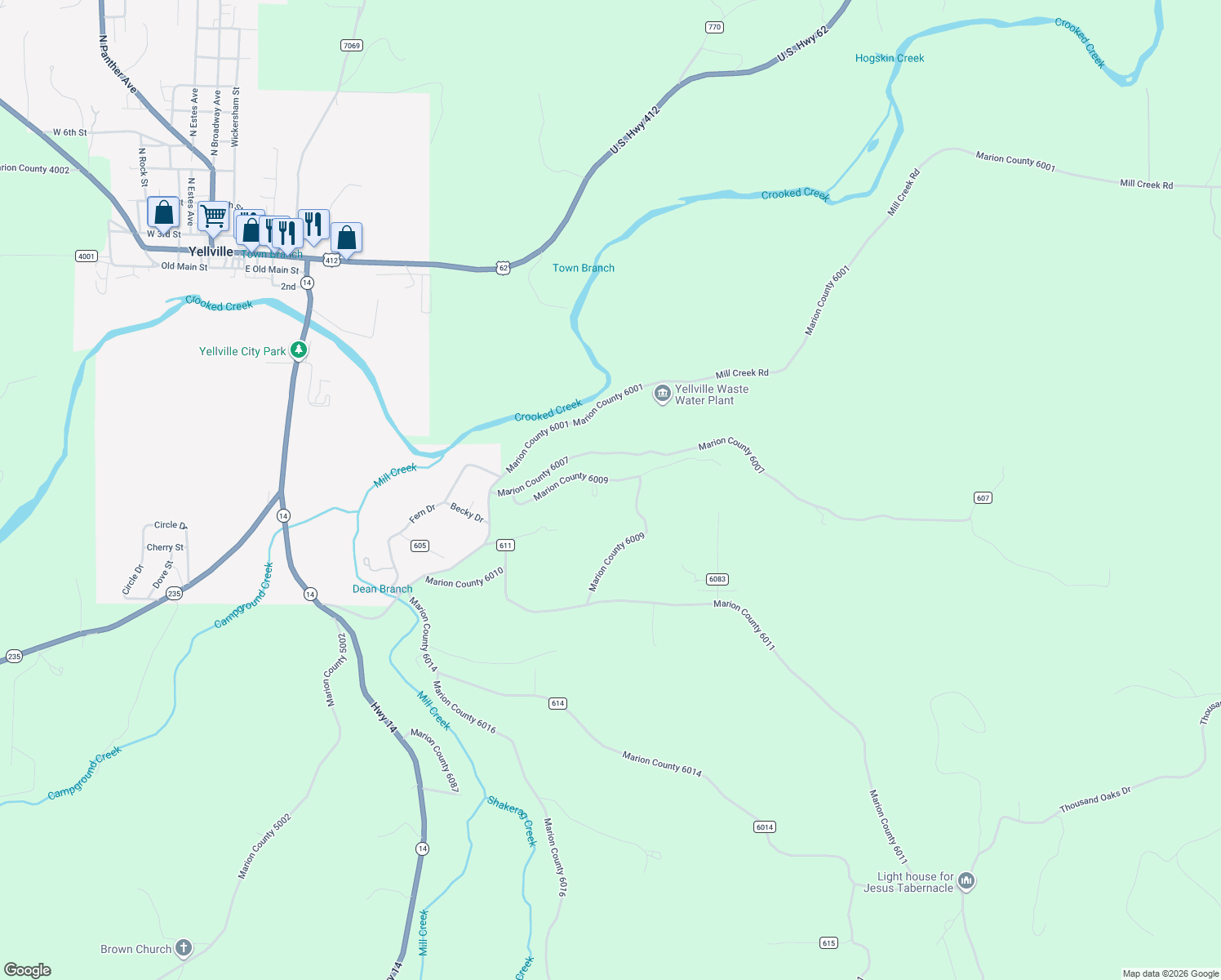 map of restaurants, bars, coffee shops, grocery stores, and more near 343 Marion County 6008 in Yellville
