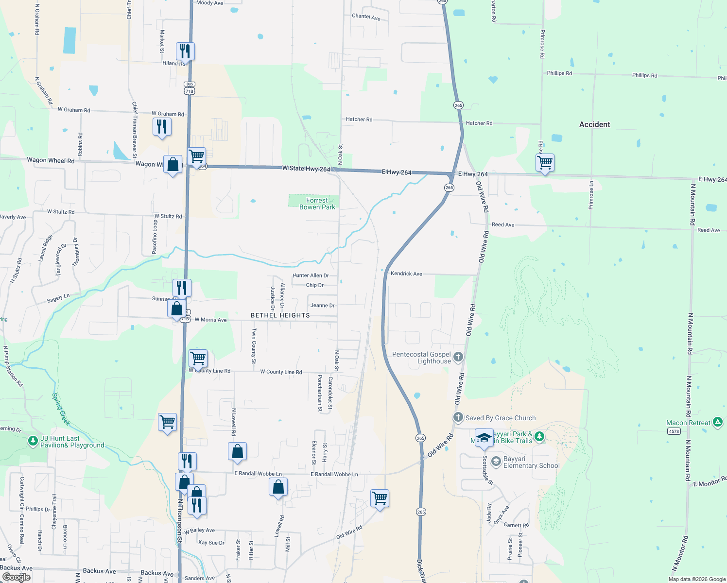 map of restaurants, bars, coffee shops, grocery stores, and more near 3688 Logan Heights Drive in Bethel Heights
