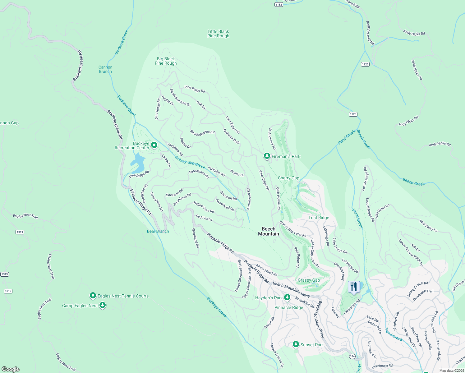 map of restaurants, bars, coffee shops, grocery stores, and more near 203 Jackpine Road in Beech Mountain
