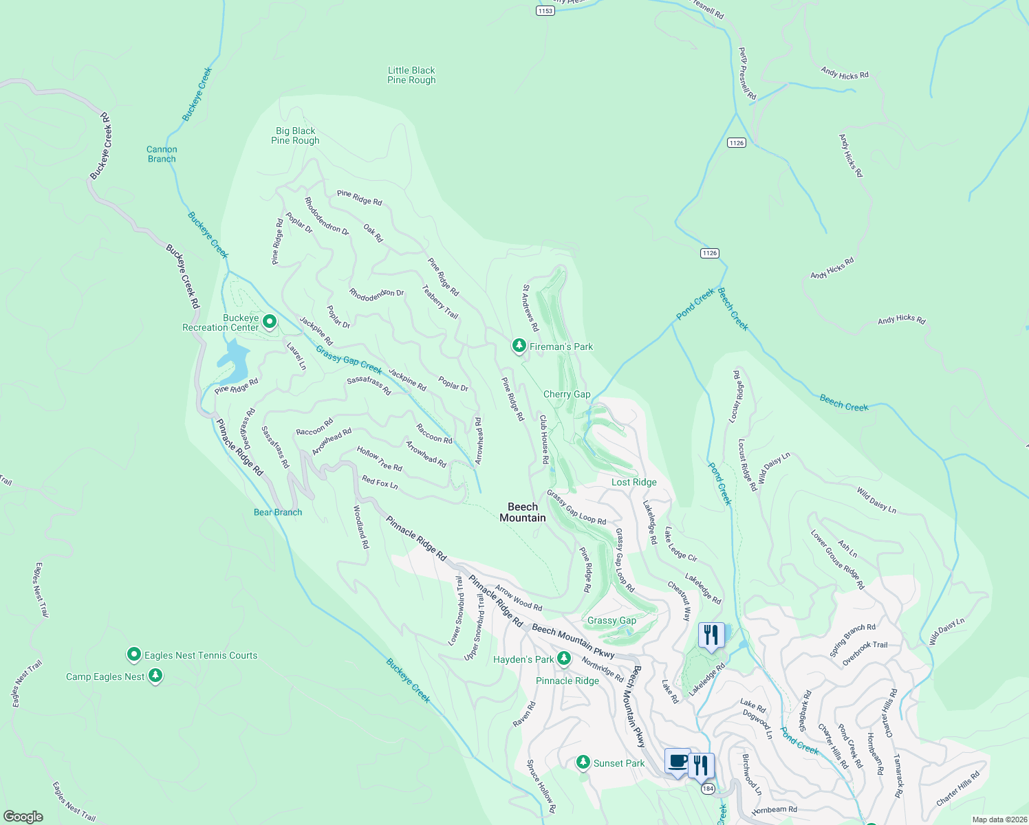 map of restaurants, bars, coffee shops, grocery stores, and more near 521 Pine Ridge Road in Beech Mountain