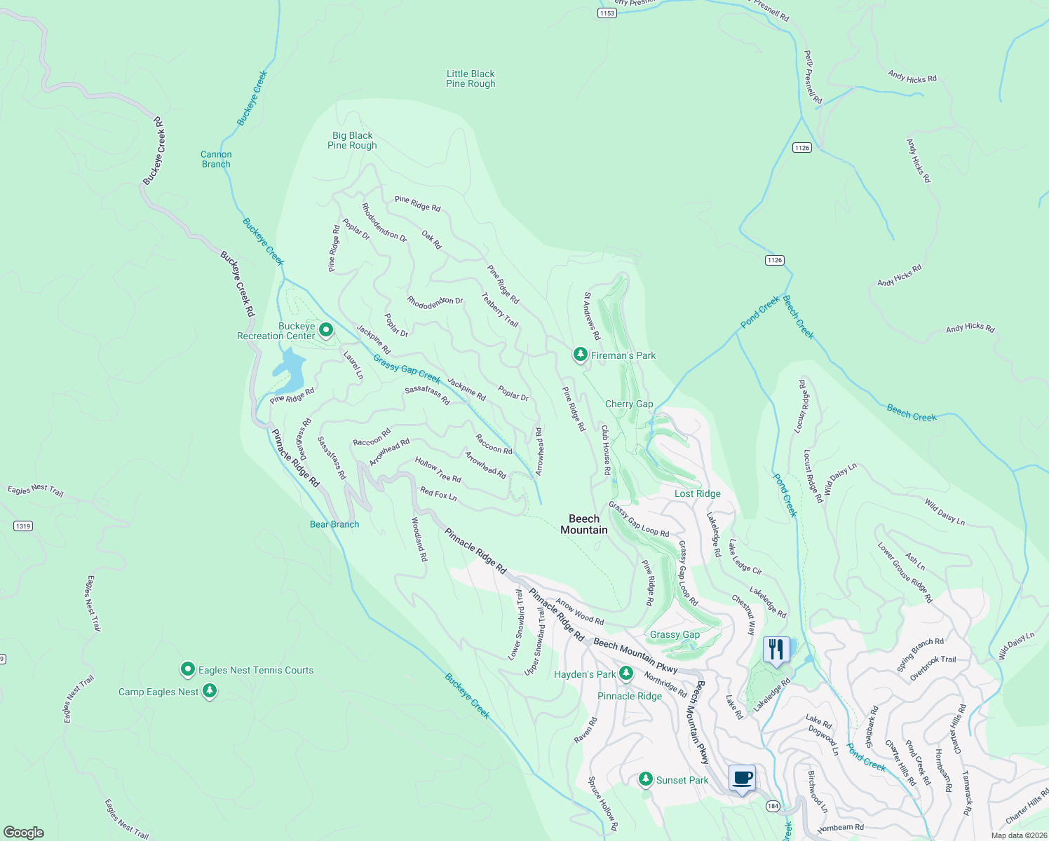 map of restaurants, bars, coffee shops, grocery stores, and more near 103 Spicewood Lane in Beech Mountain