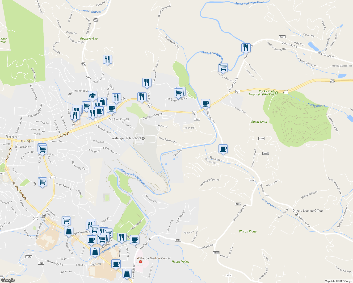 map of restaurants, bars, coffee shops, grocery stores, and more near 854 New River Hills in Boone