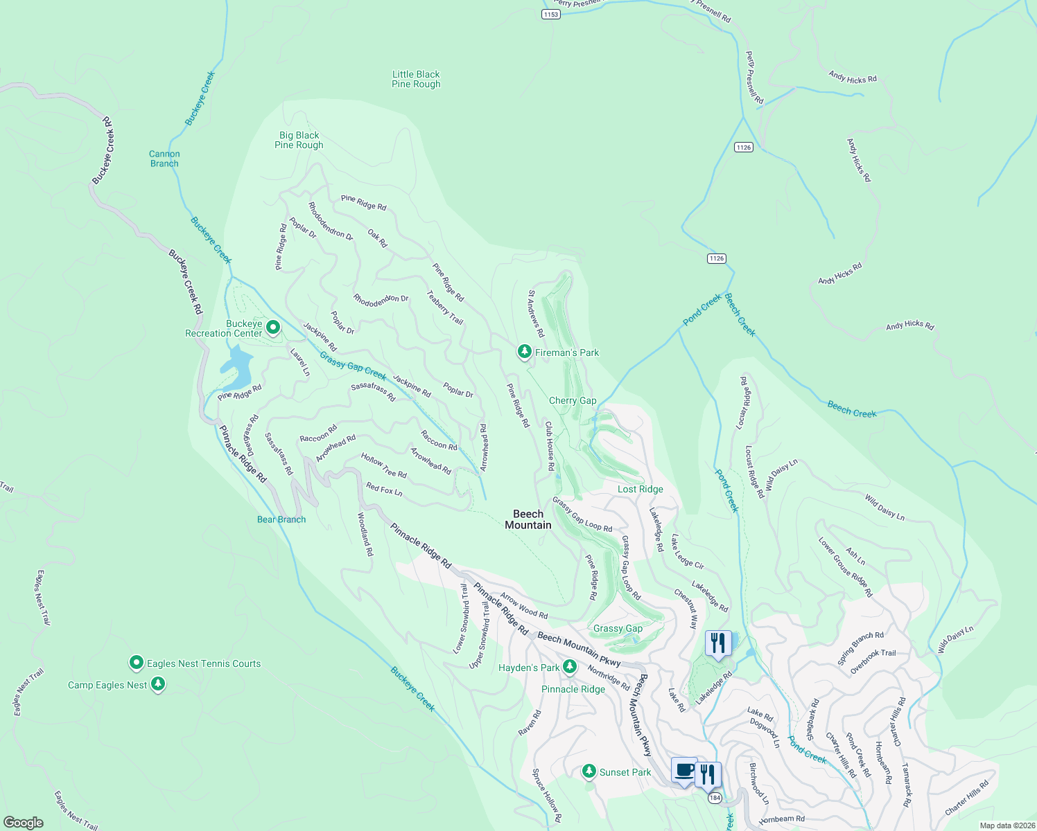 map of restaurants, bars, coffee shops, grocery stores, and more near 521 Pine Ridge Road in Beech Mountain