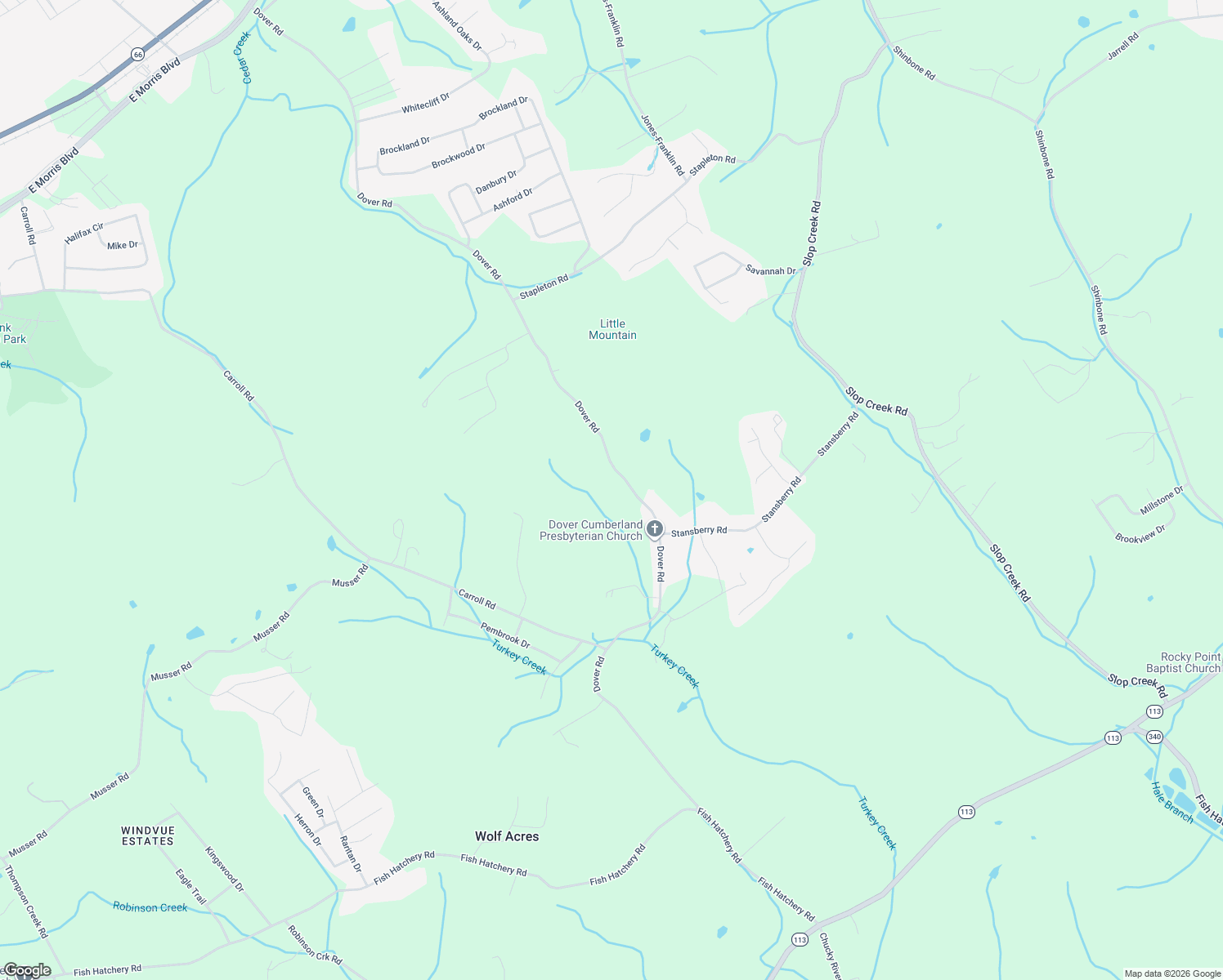 map of restaurants, bars, coffee shops, grocery stores, and more near 1410 Dover Road in Morristown