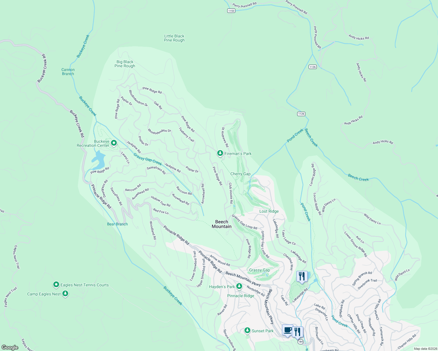 map of restaurants, bars, coffee shops, grocery stores, and more near 521 Pine Ridge Road in Beech Mountain