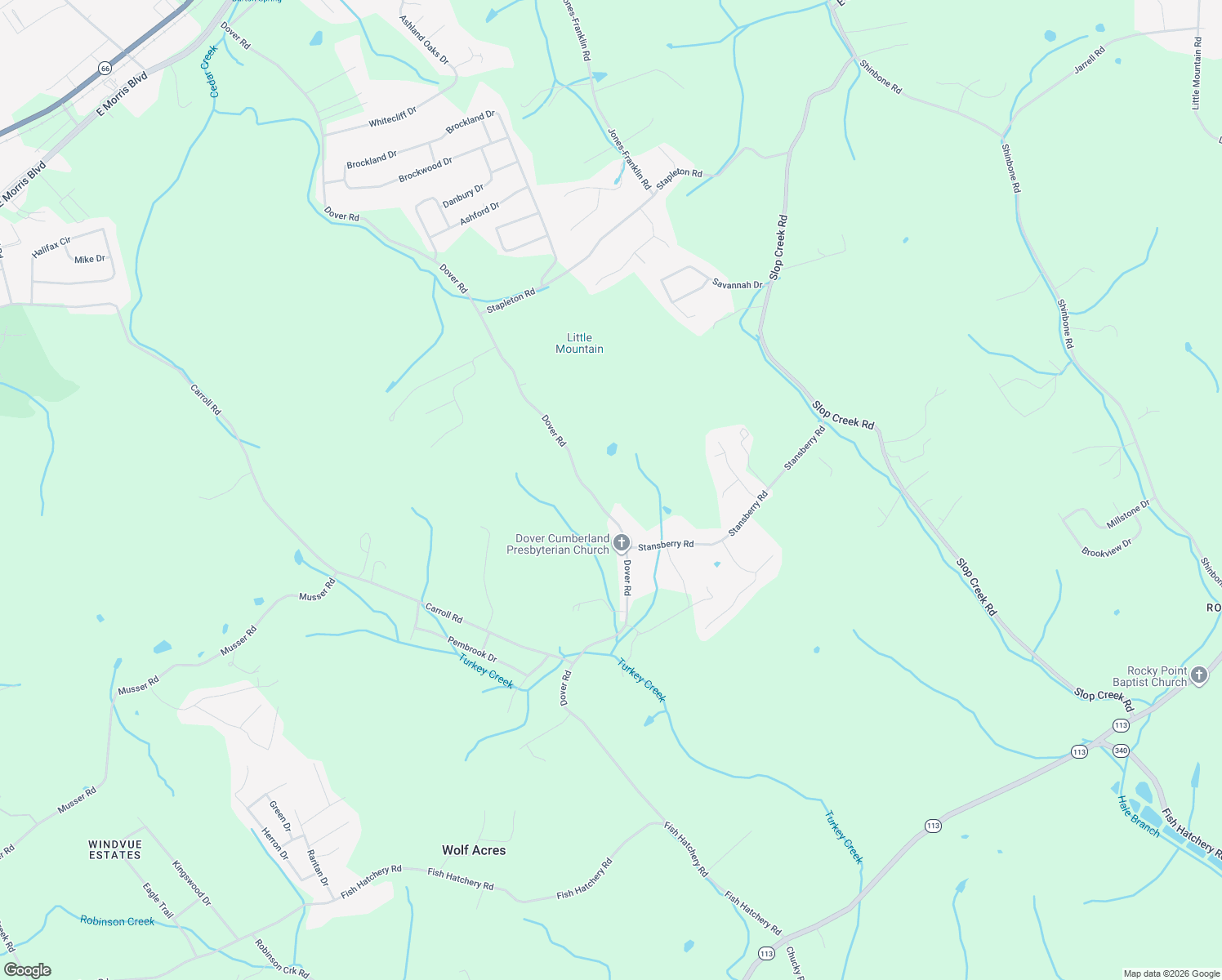 map of restaurants, bars, coffee shops, grocery stores, and more near 1410 Dover Road in Morristown