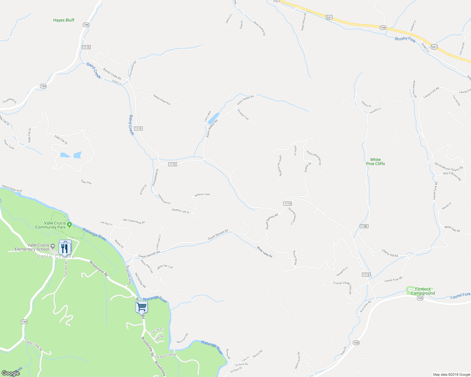 map of restaurants, bars, coffee shops, grocery stores, and more near 1841 Bairds Creek Road in Vilas