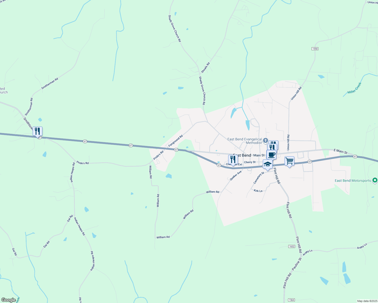 map of restaurants, bars, coffee shops, grocery stores, and more near 624 N Carolina 67 in East Bend