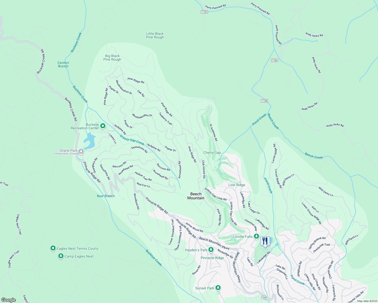 map of restaurants, bars, coffee shops, grocery stores, and more near 529 Pine Ridge Road in Beech Mountain