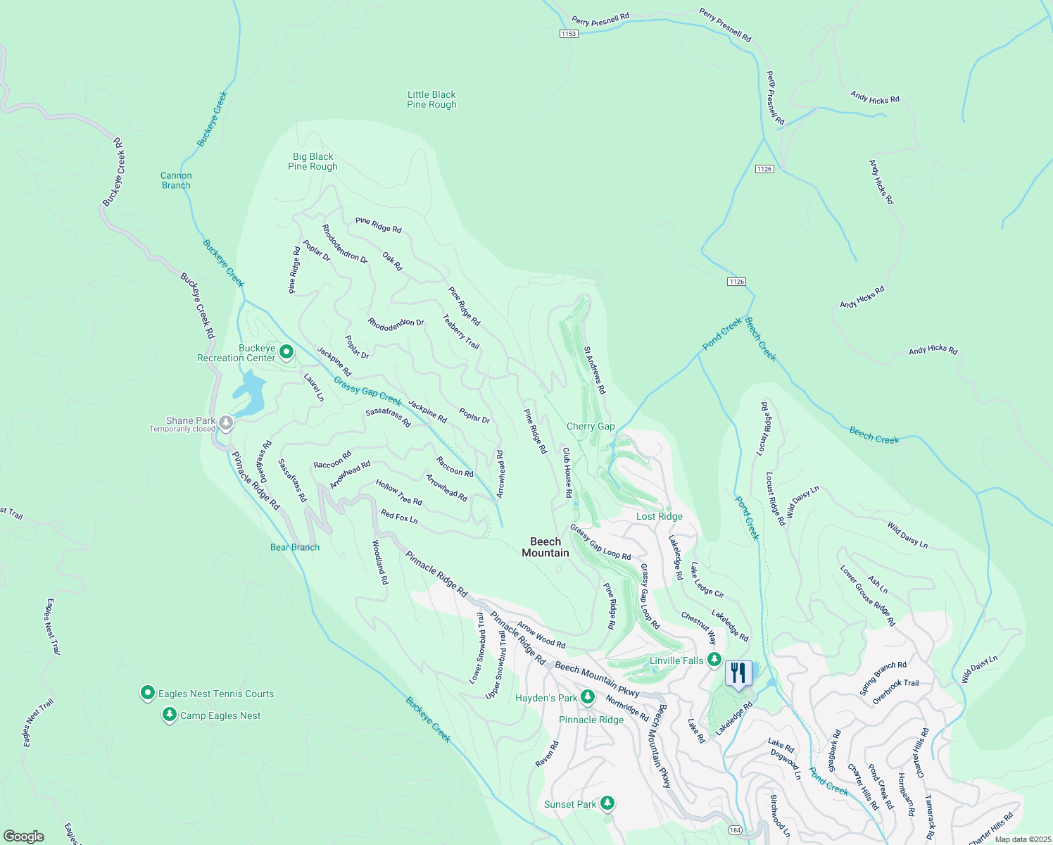 map of restaurants, bars, coffee shops, grocery stores, and more near 529 Pine Ridge Road in Beech Mountain